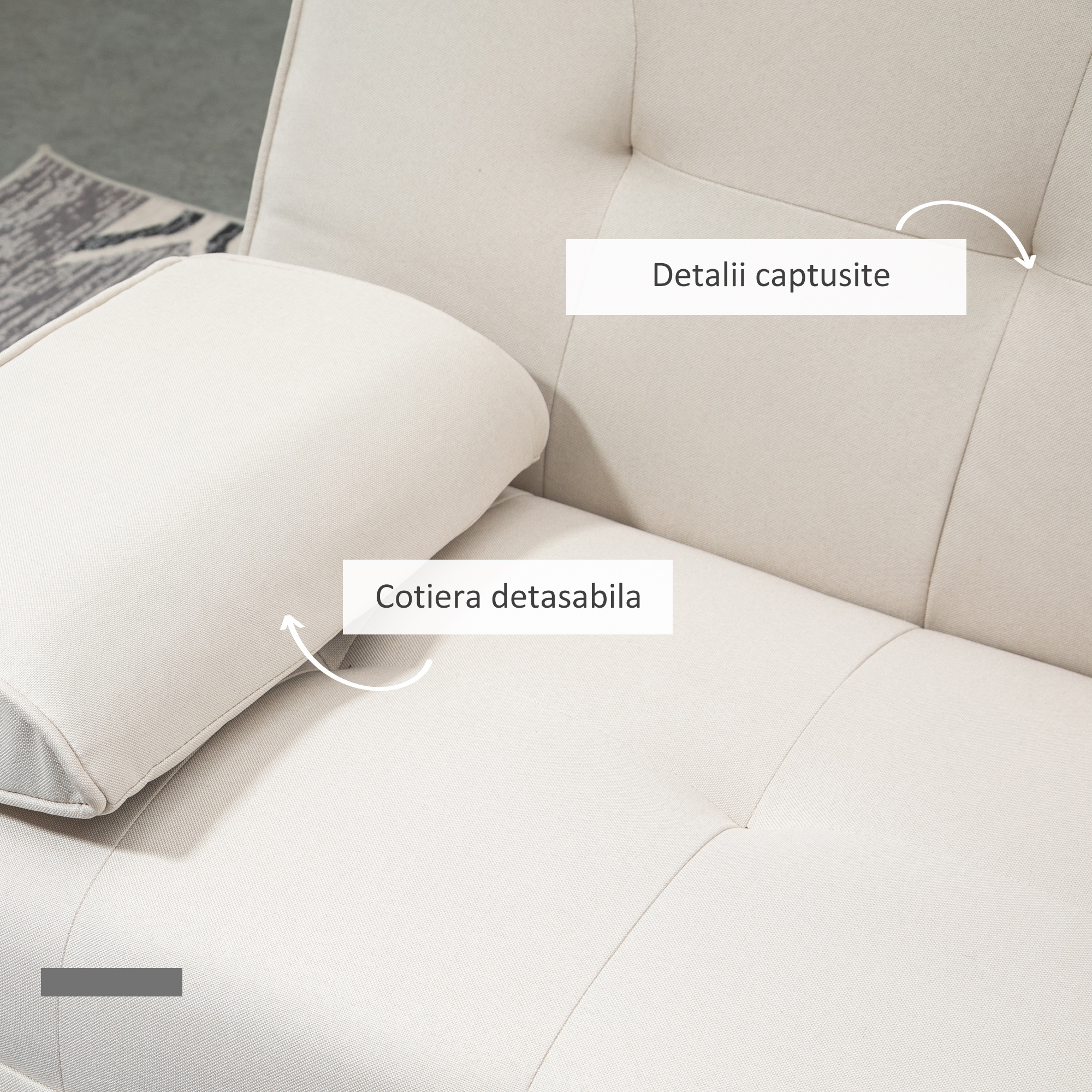  Canapea extensibila 3 locuri, rabatabila, cu tapiterie cu efect de in si masuta pliabila, bej [5]