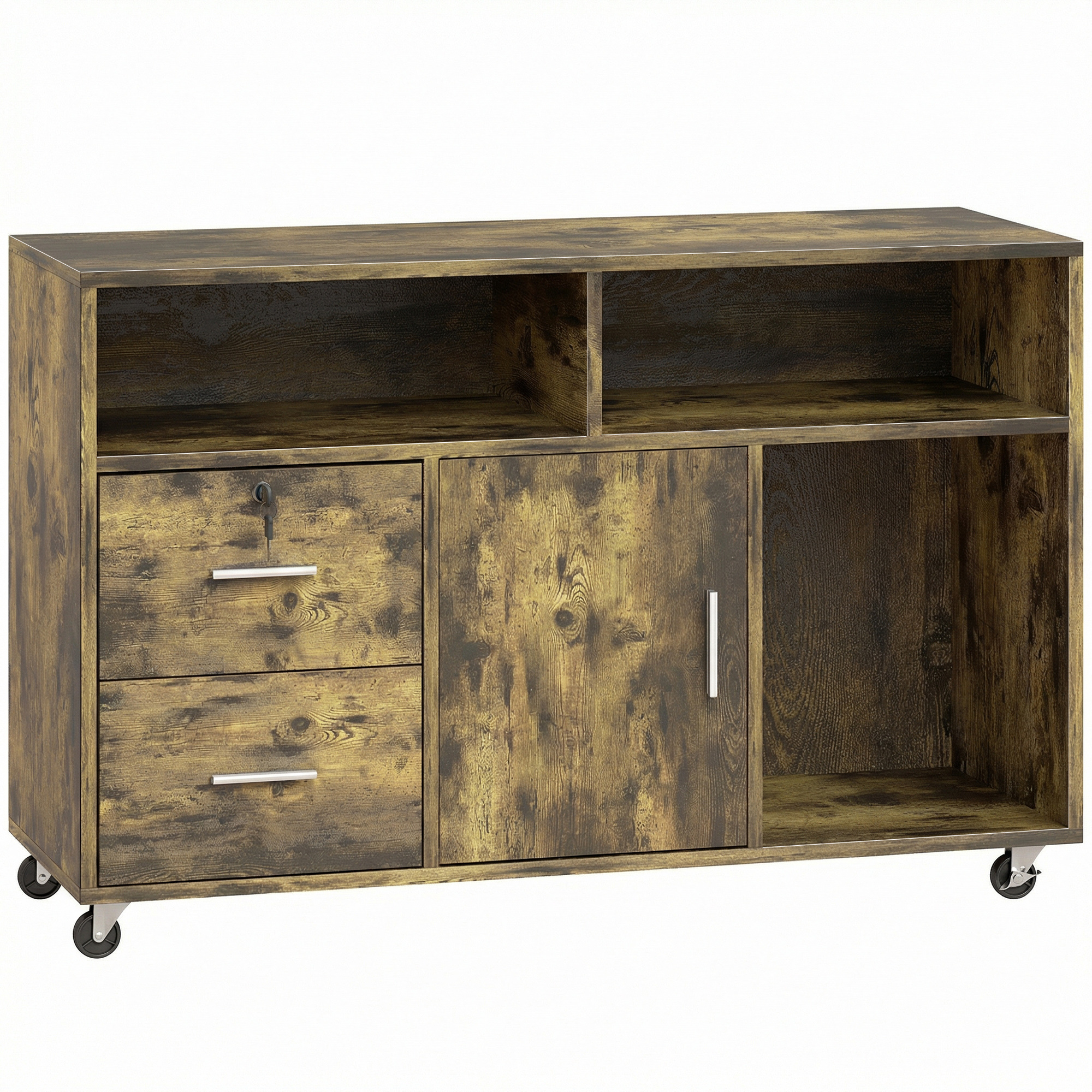 Dormitor & birou -  Dulap pentru Imprimanta pe Roti cu 2 Sertare cu incuietoare, 3 Rafturi si Dulap, Dulap pentru Documente de Birou si Studio, 100x35x65 cm, Maro Rustic
