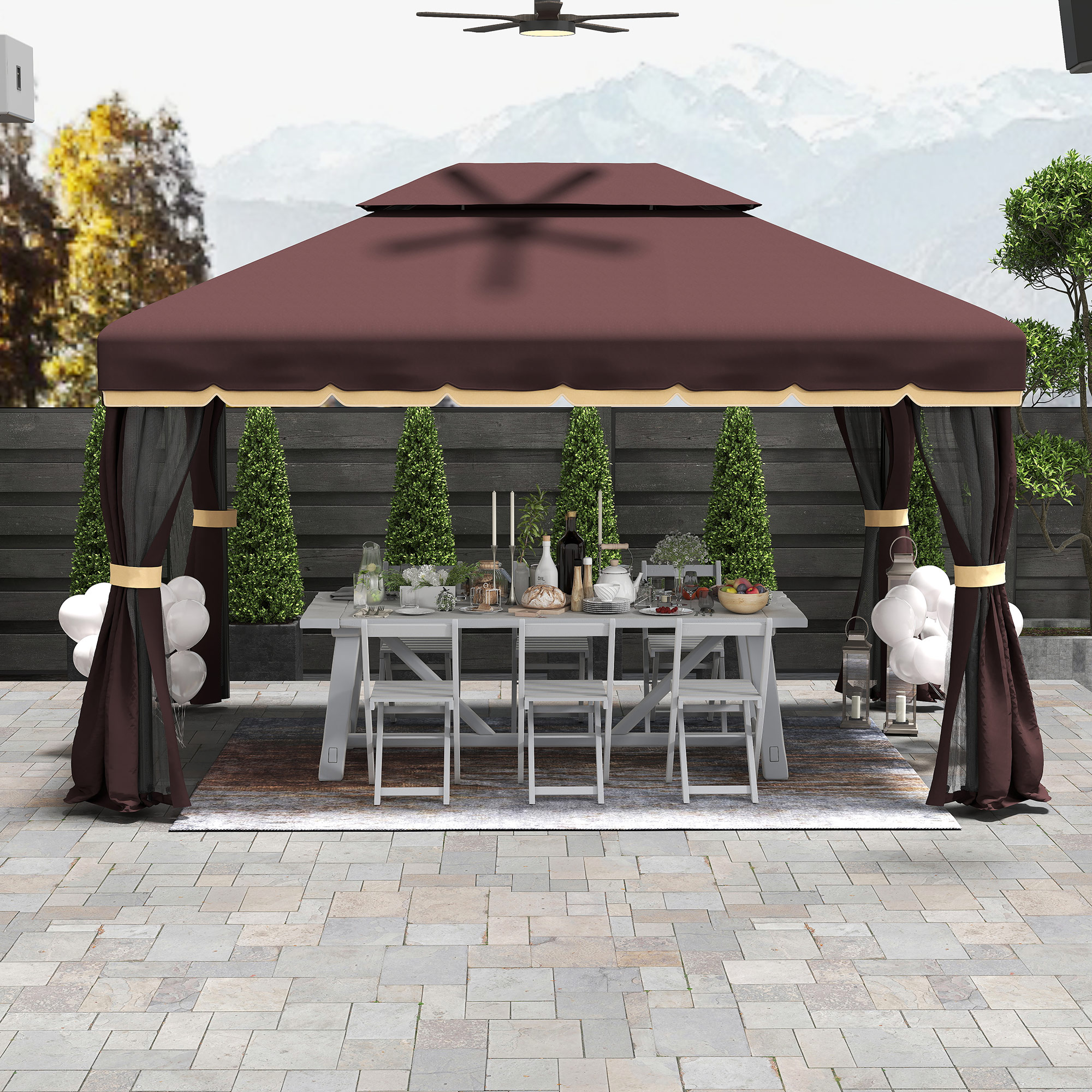  Foisor de Gradina pliabil cu Plasa de tantari si Acoperis dublu, 3x4m Cafeniu [2]