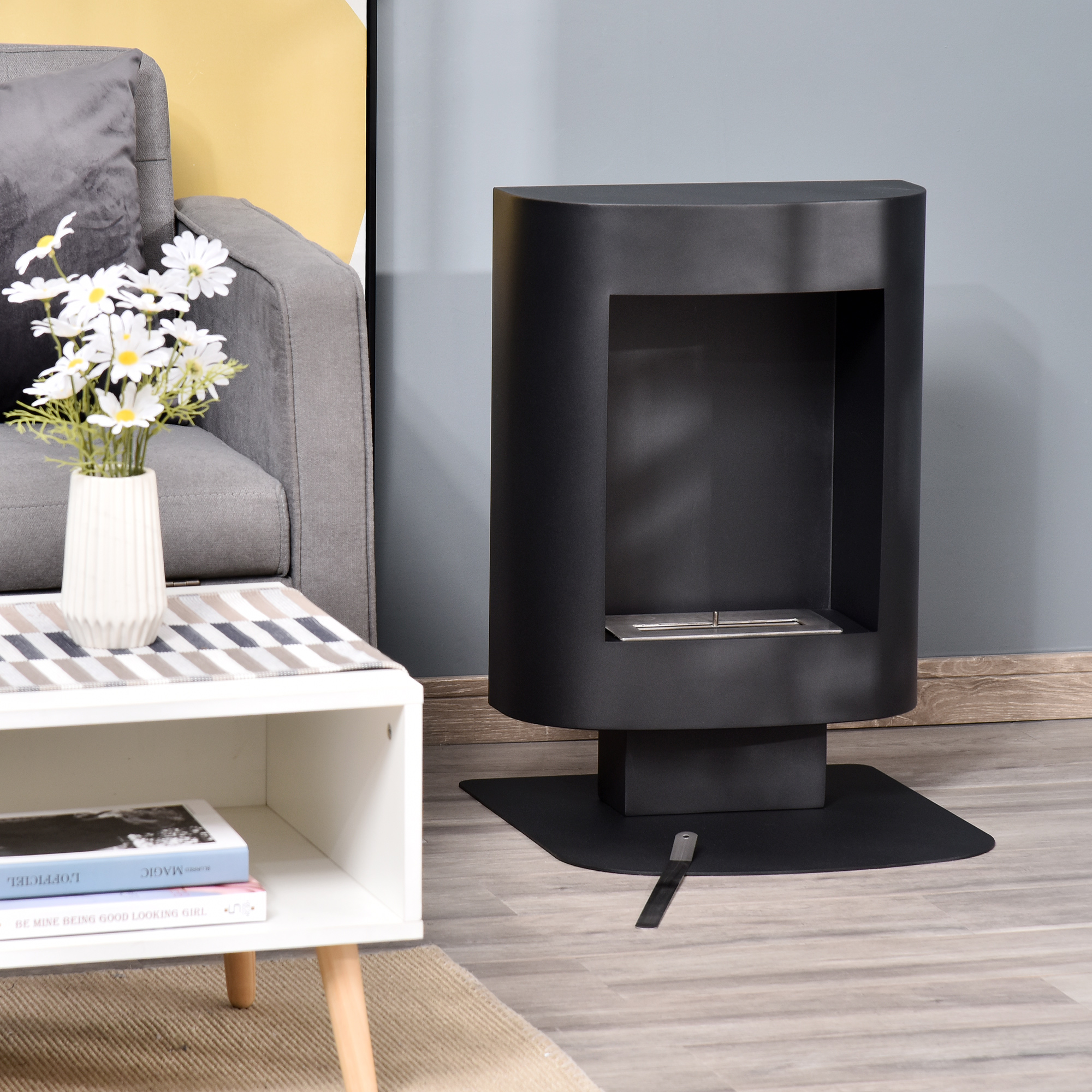 Semineu cu alcool portabil , fara aerisire, cu arzatoare cu bioetanol de 0.9 L/ 3 ore, incalzitoare cu baza din otel de 2000 W pentru interior si exterior, Negru [7]