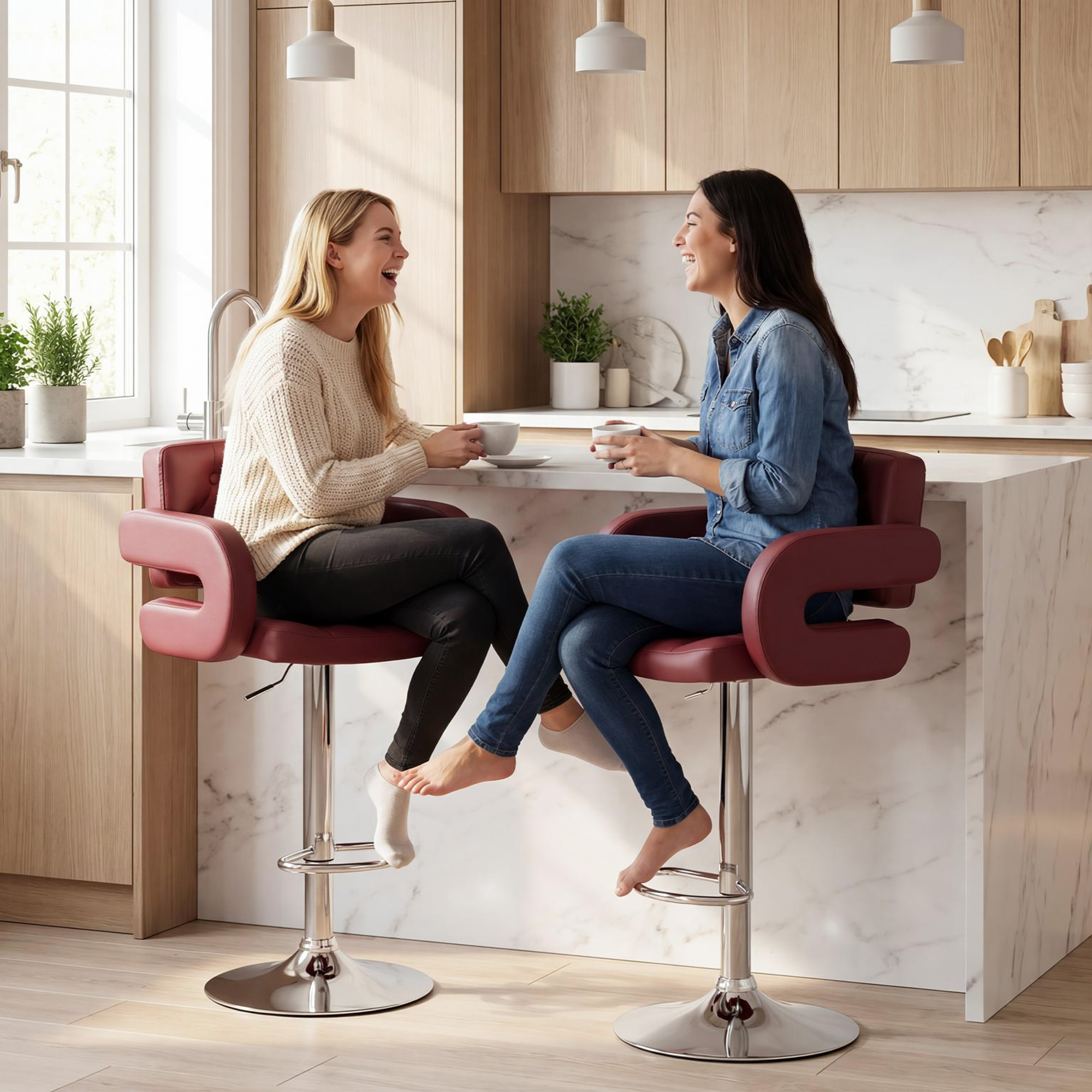  Scaun de Bar cu inaltime Reglabila, Scaun de Bucatarie inalt din PU cu Spatar, Suport pentru Picioare, Cotiere si sezut Confortabil, Structura Metalica, Rotativ la 360°, pentru Insula, Rosu Vin [7]