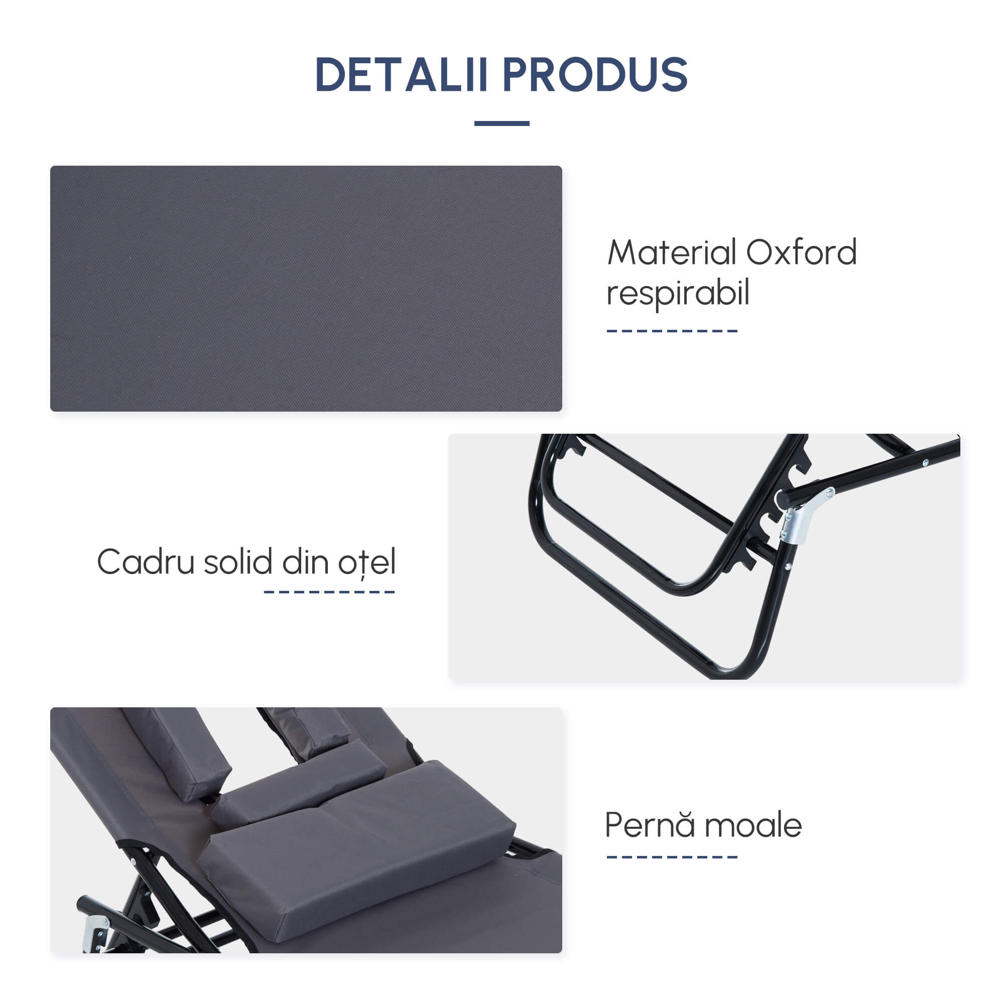  Sezlong Relax Pliabil pentru plaja cu pernuta si deschidere pentru fata in tesatura Oxford, Gri [7]