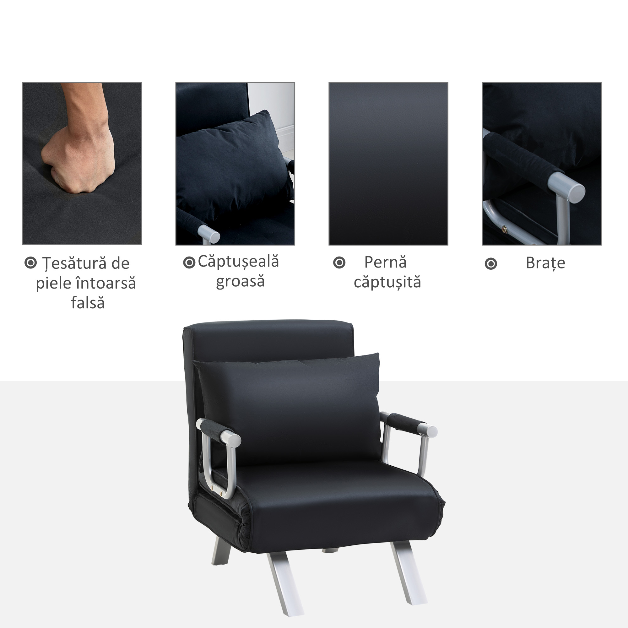  Fotoliu Pat cu Spatar Reclinabil pe 5 Niveluri si Perna, 65x77x80 cm, Negru [5]