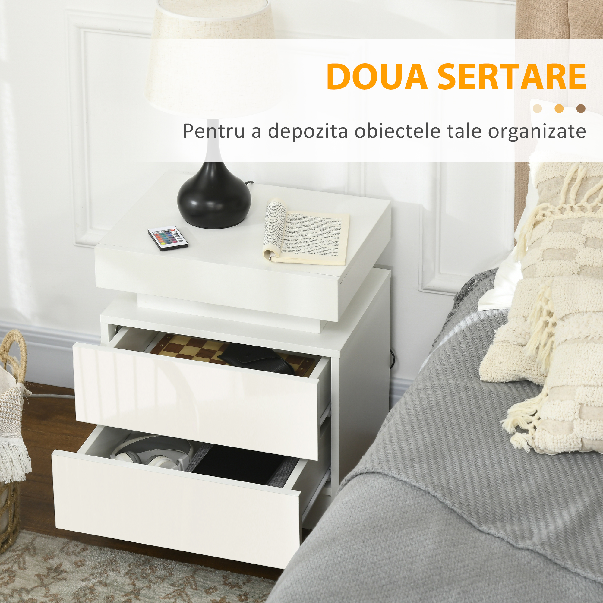 Noptiera alba  cu lumina LED RGB, noptiera frontala lucioasa cu 2 sertare, pentru camera de zi, dormitor [5]