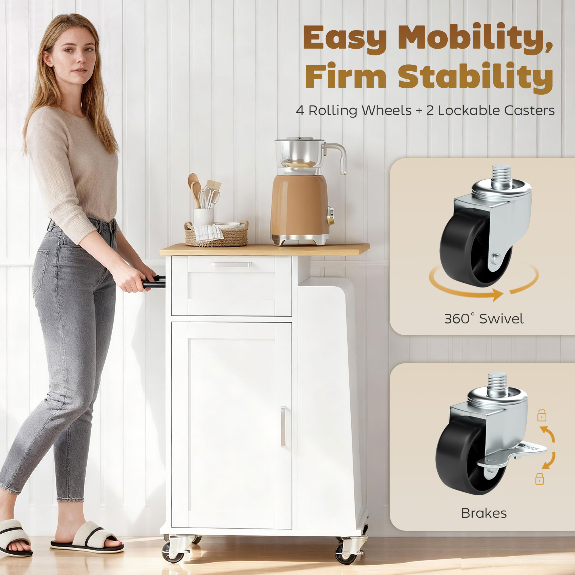  Carucior de Bucatarie cu Sertar, Dulap, Suport pentru Prosoape si 3 Suporturi pentru Condimente, din Lemn, 62x40x87 cm, Alb [6]