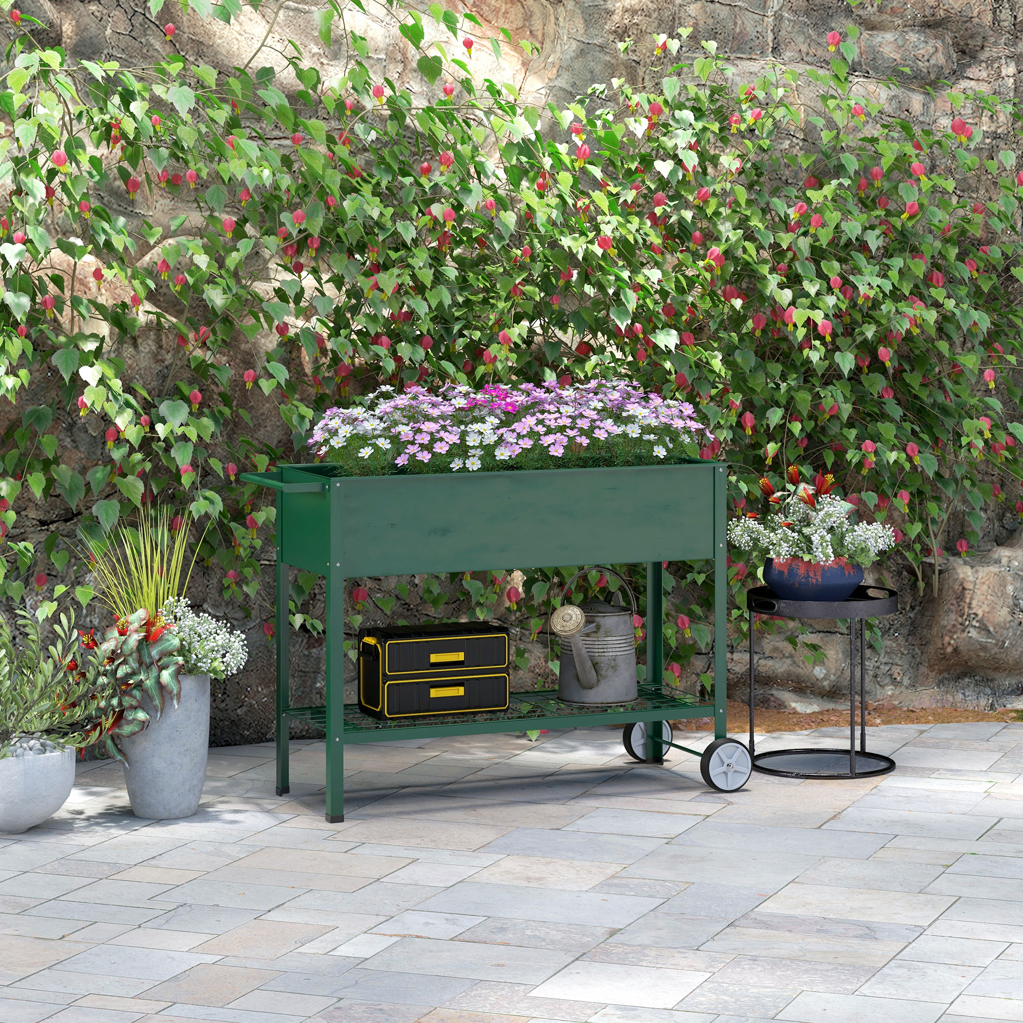  Jardiniera Exterioara cu Raft Inferior pentru Unelte, Jardiniera Metalica cu 2 Roti si Maner, 109x44x80 cm, Verde [1]