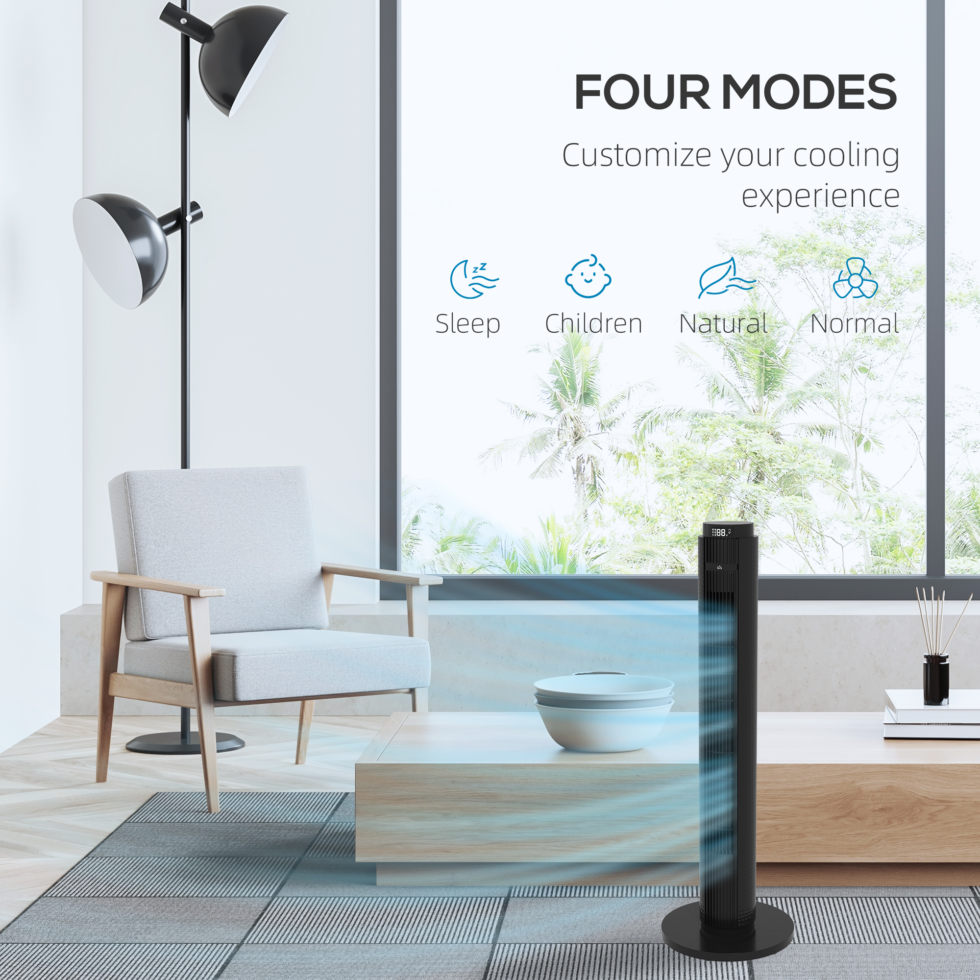  Ventilator turn 45W cu 4 moduri si 3 viteze, cu timer de 12h, din ABS, Ø31.5x96 cm, negru [4]