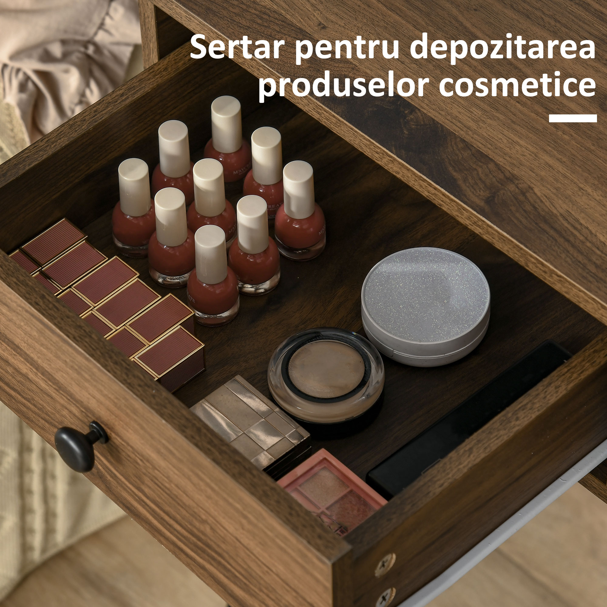  Masa de Machiaj in Stil Industrial, Set Masa de Toaleta cu Taburet si Oglinda de Machiaj, Postatie de Machiaj din Lemn si Metal pentru camera [4]