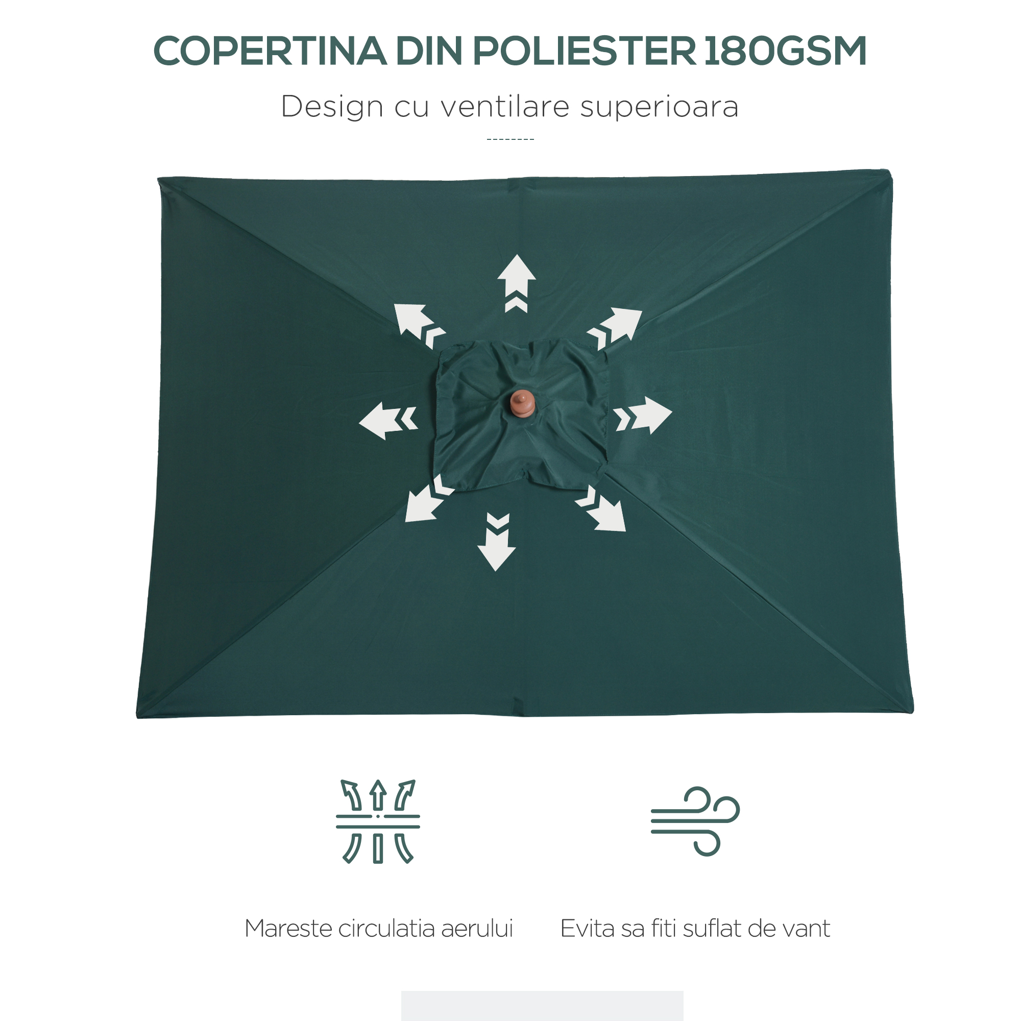  Umbrela Dreptunghiular din Bambus si Poliester Anti-UV Verde 2x1.5x2,3m [4]