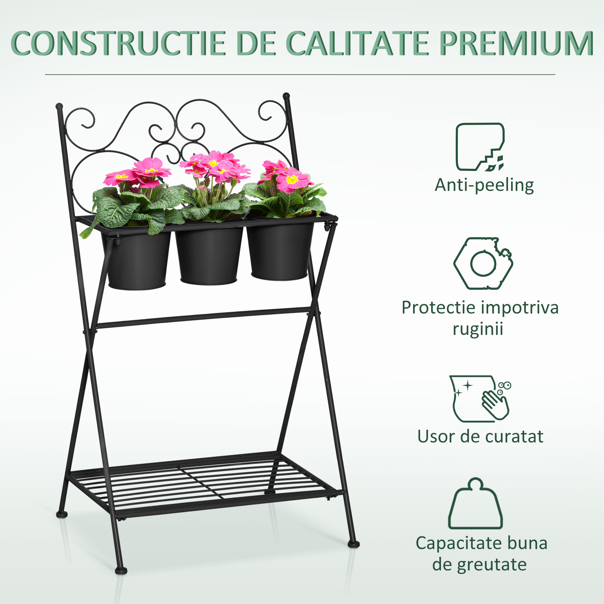 Suport pentru plante din Metal Pliabil  cu 3 Ghivece, Raft pentru Plante cu Etajera pentru Casa si Gradina, 47x37x78,5 cm, Negru [5]