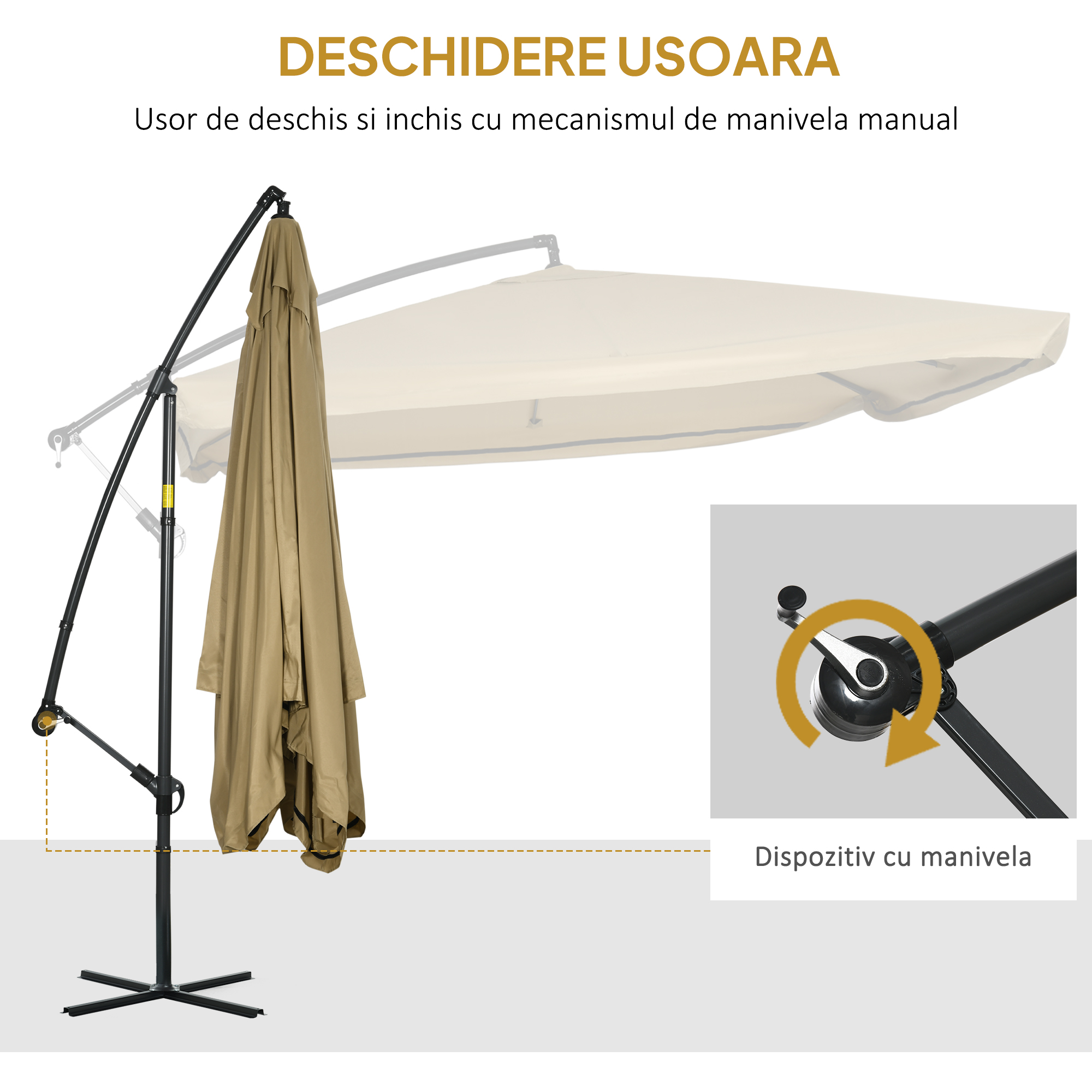  Umbrela de gradina cu brat lateral inclinabila, cu deschidere cu manivela si plasa anti-tantari, 3x3 m, bej [4]