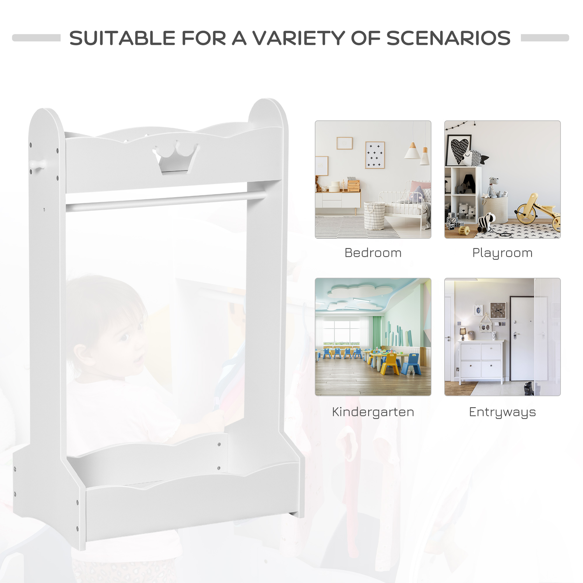  Suport pentru Haine din Lemn cu Etajere si Agatatori Laterale Alb [5]