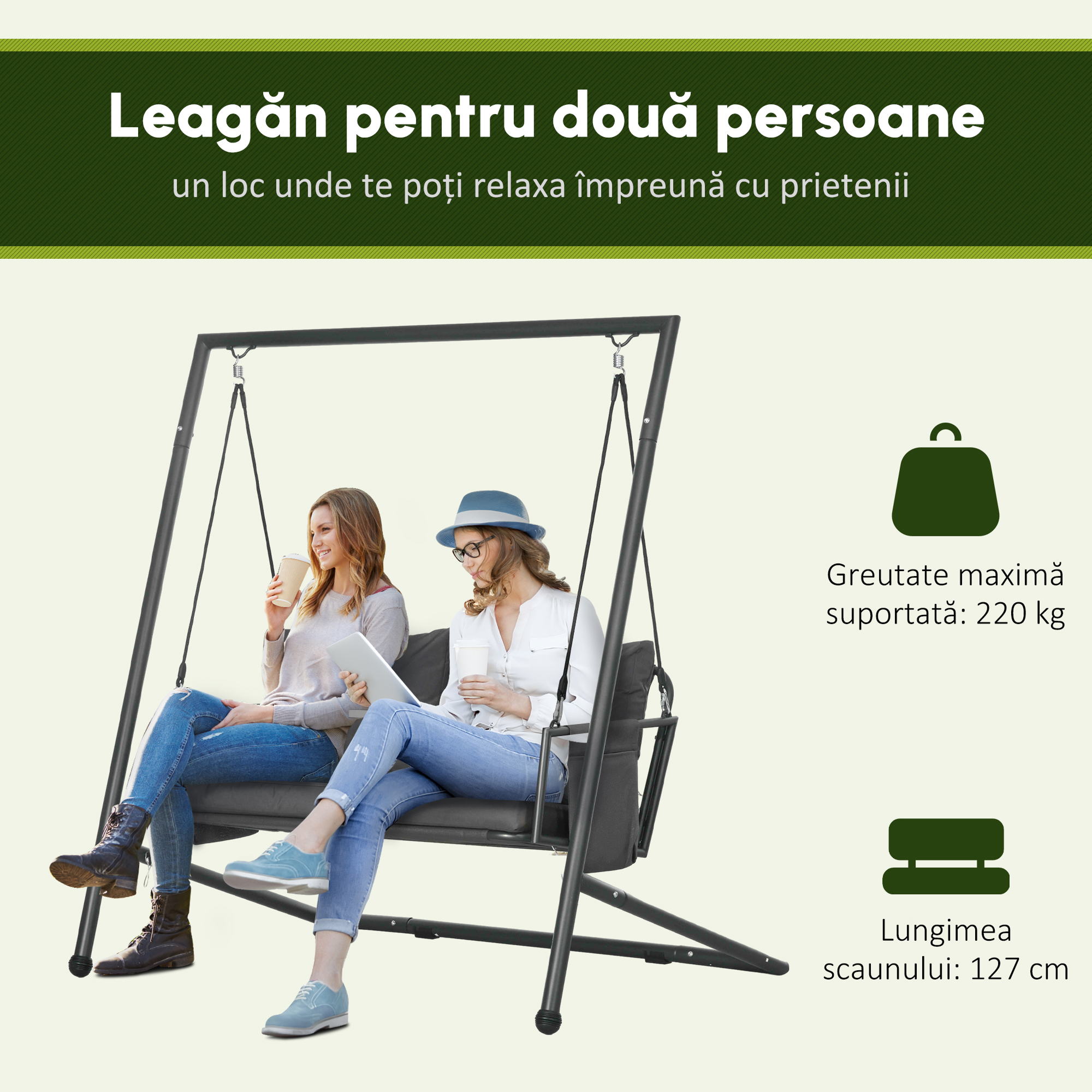  Leagan de Gradina cu 2 Locuri, Perne si Buzunare, Balansoar Exterior din Otel si Textile, 168x117x181 cm, Gri inchis [3]