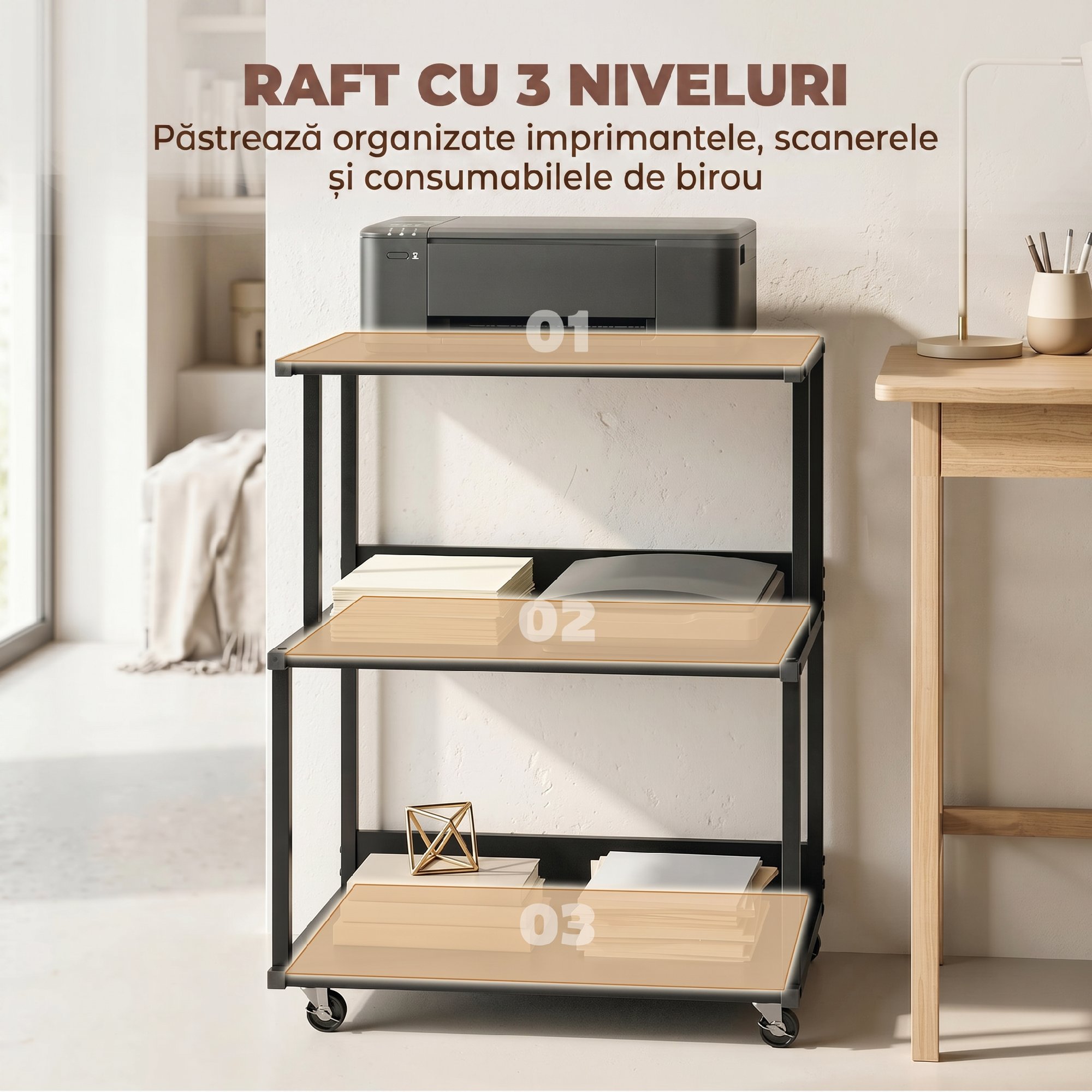  Suport pentru Imprimanta cu 3 Niveluri, Tava Industriala Metalica pentru Birou, Negru [3]