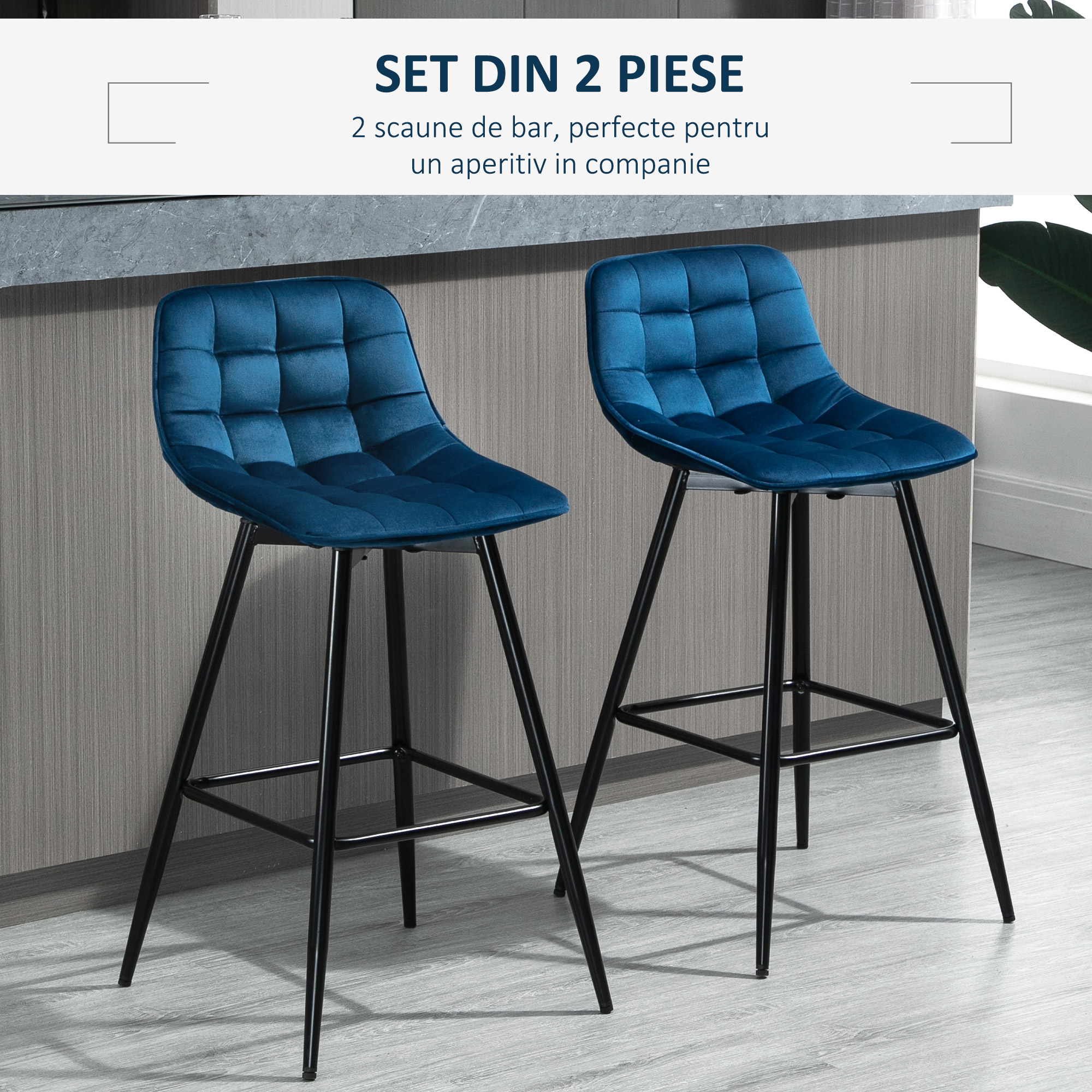  Set 2 Scaune Bar - Nordic, Catifea Albastra & Confort Sporit [3]