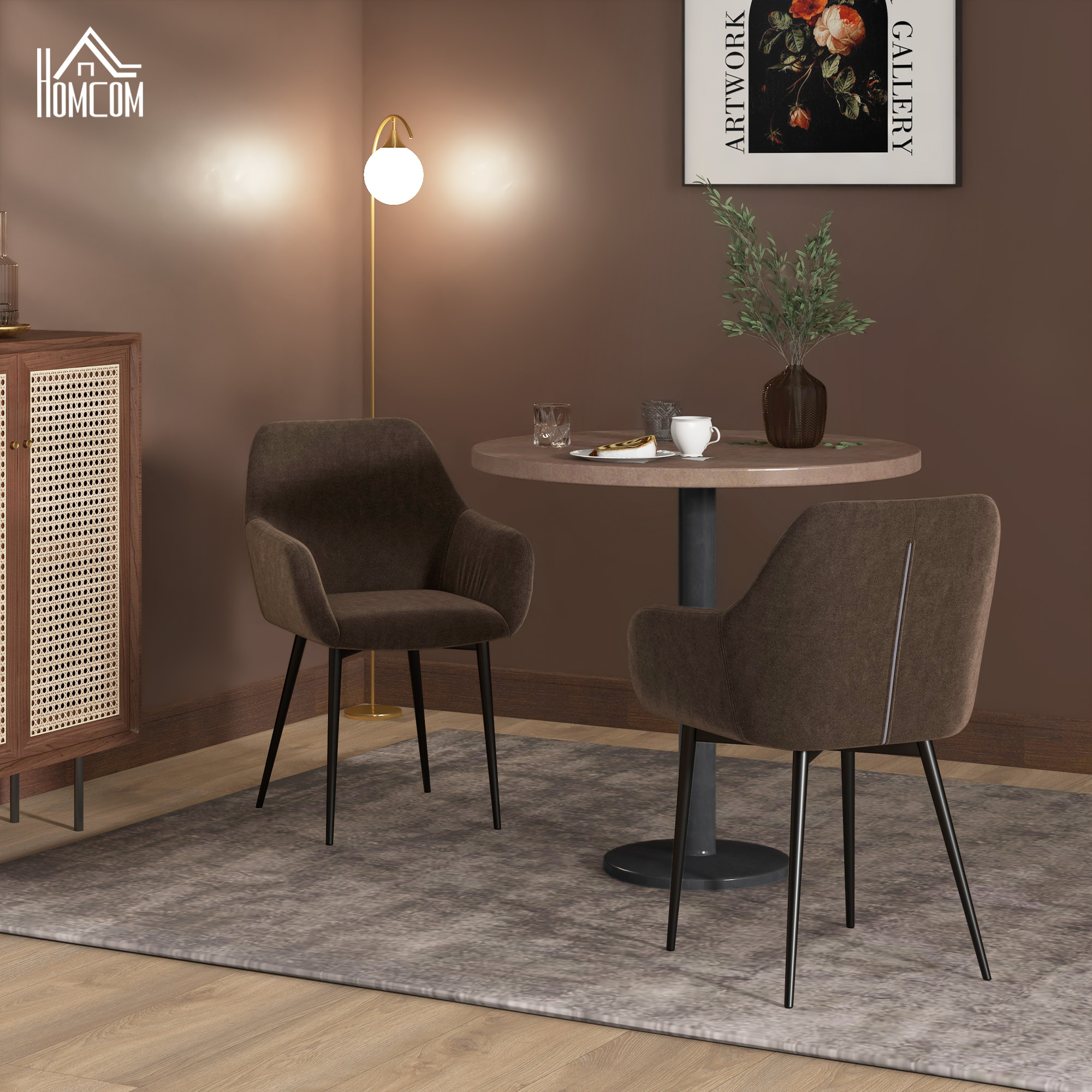  Set 2 Scaune de Dining Tapitate in Stil Nordic cu Brate si Picioare din Otel, 54x57x80 cm, Maro [1]