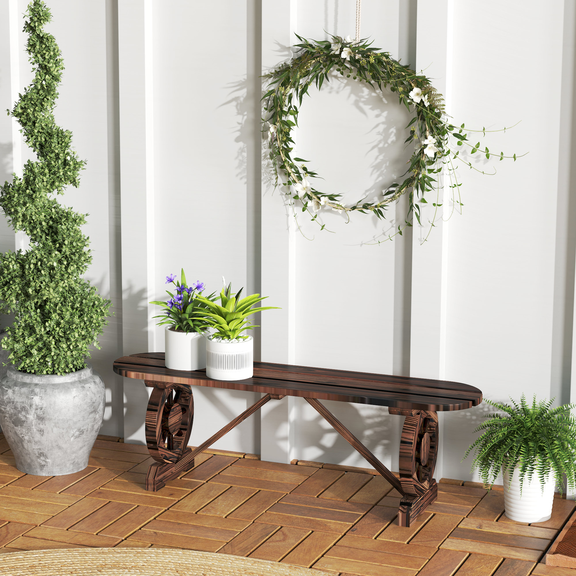  Banca de Gradina cu Picioare in Forma de Roata de Car cu 2 Locuri si sezut din sipci, 120x29x39 cm, Maro [1]