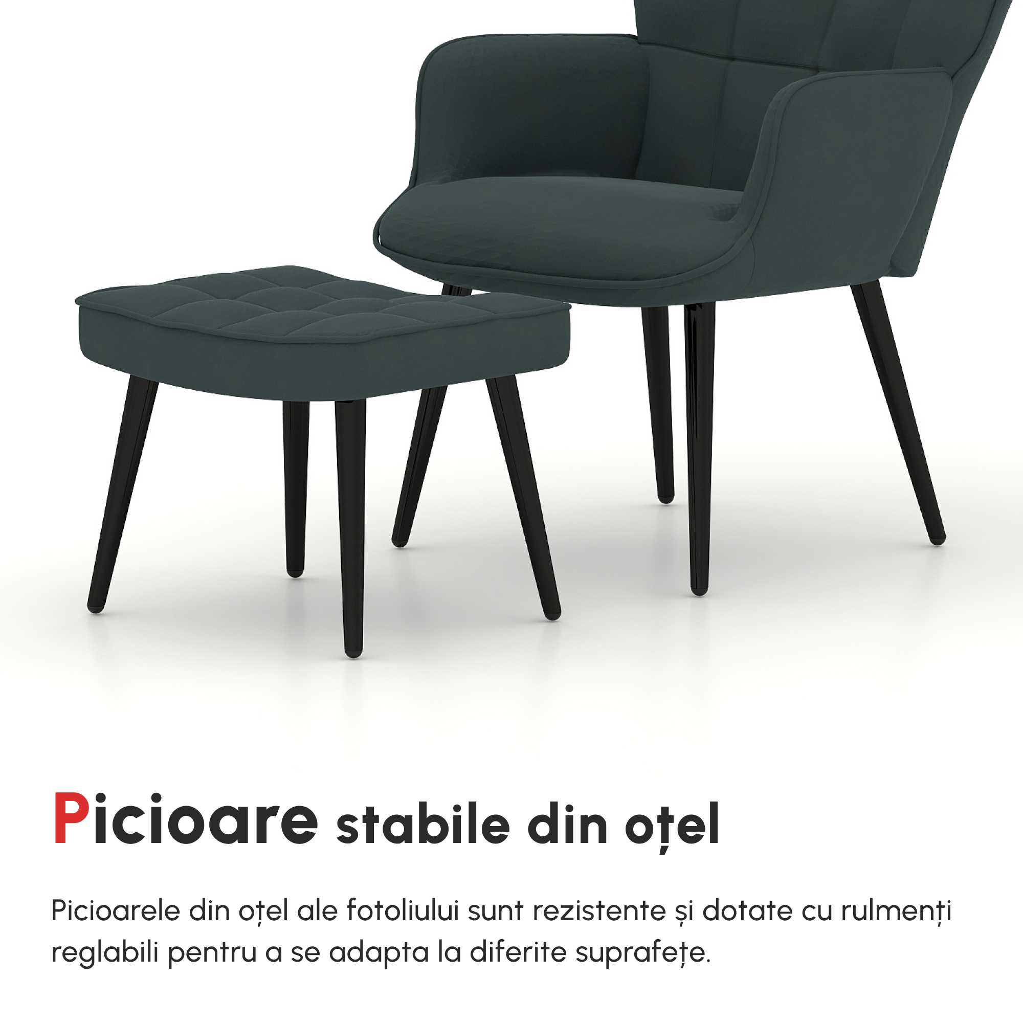  Fotoliu Tapitat pentru Interior cu Brate si Taburet Integrat, Fotoliu pentru Sufragerie din tesatura cu Efect de Catifea, 73x77.5x98 cm, Gri inchis [4]