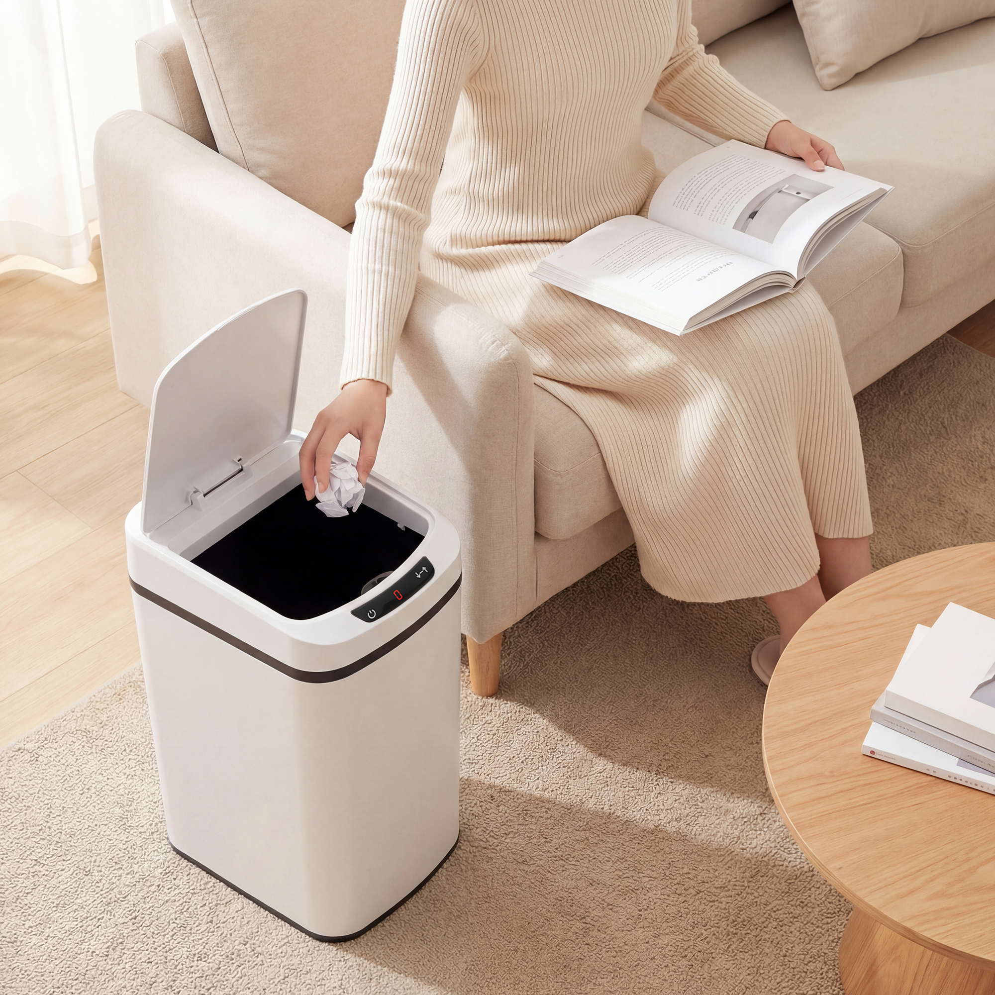  Cos de Gunoi cu Senzor, 12L, Buton Touch si Galeata Detasabila, Otel Inoxidabil, ABS si PP, 28x22x41 cm, Alb [7]