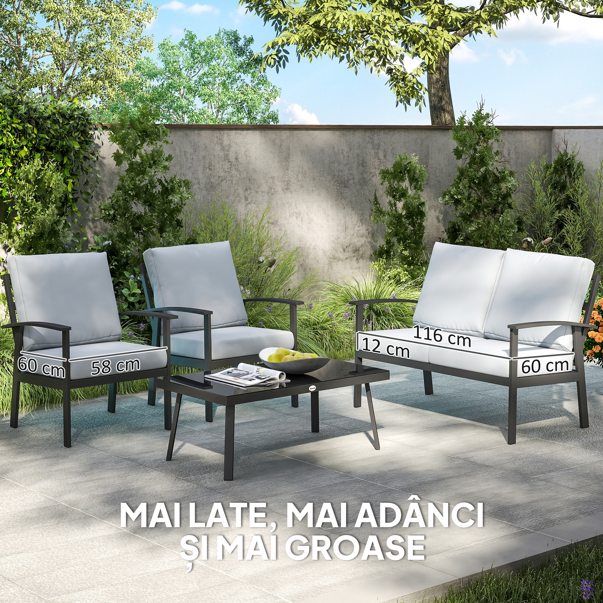  Set de Mobilier de Gradina din 4 Piese cu Canapea, 2 Fotolii si Masa de Cafea, 127x74x80 cm, Gri Carbune [4]