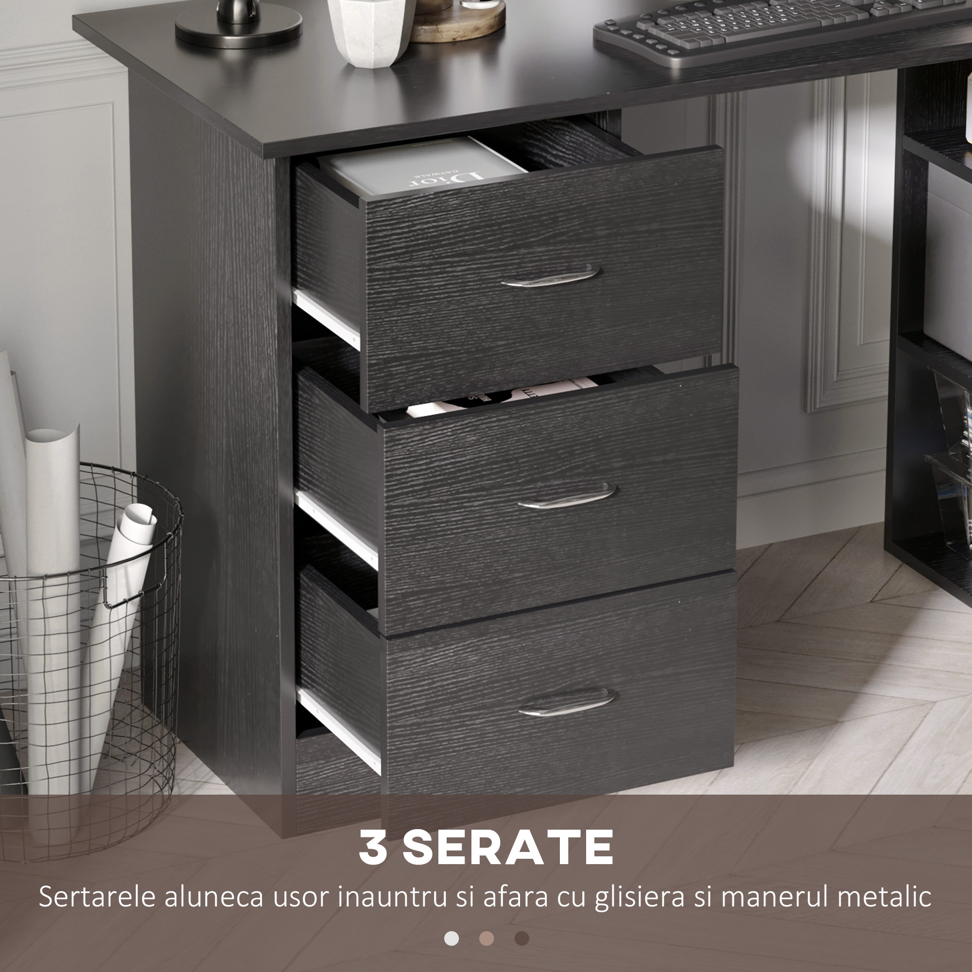  Birou PC cu 3 rafturi si 3 sertare pentru camera si birou, din lemn MDF, 120x49x72 cm, negru [4]