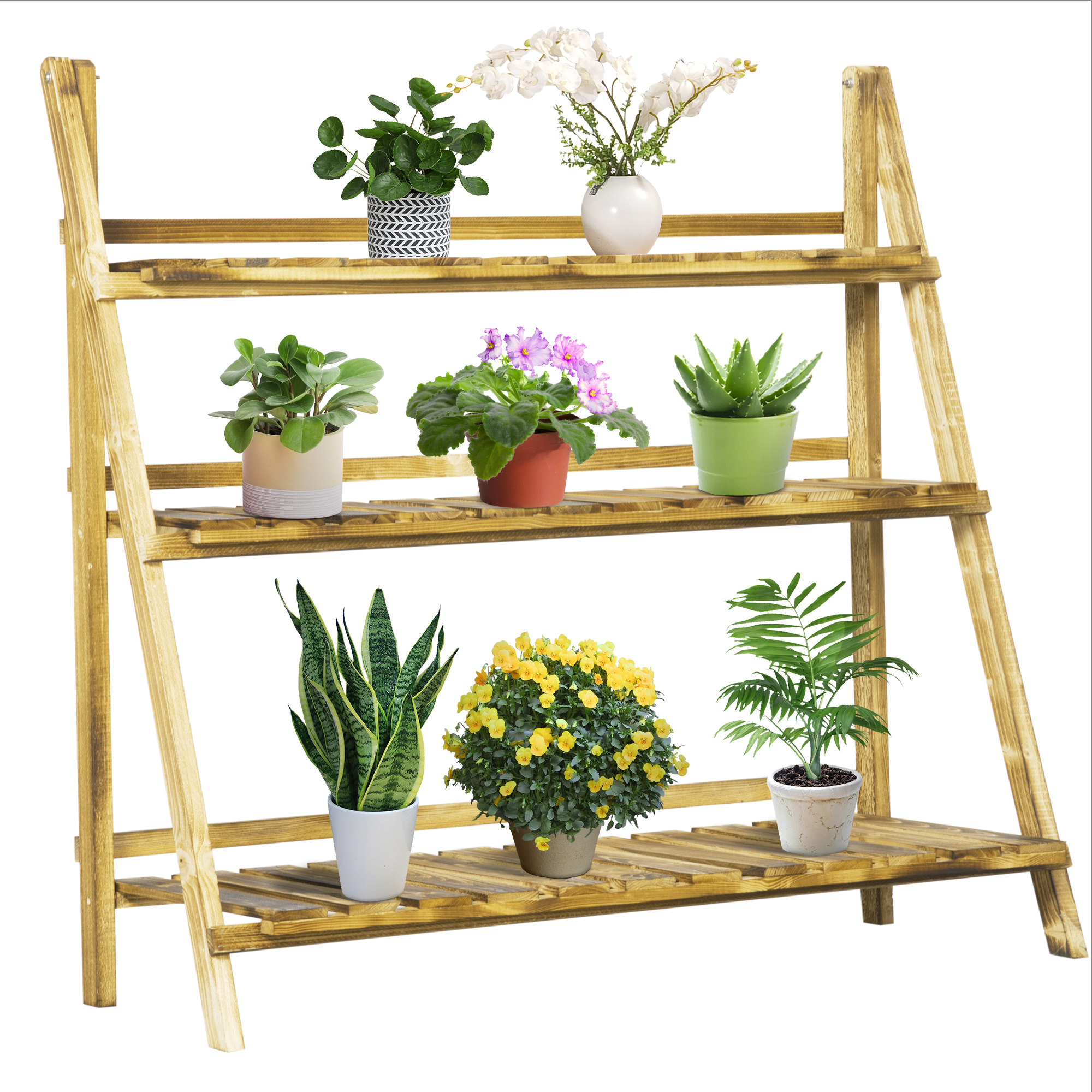 Living & hol -  Suport Pliabil pentru Plante din Lemn de Brad cu 3 Nivele, 100x37x93 cm, Lemn Natural