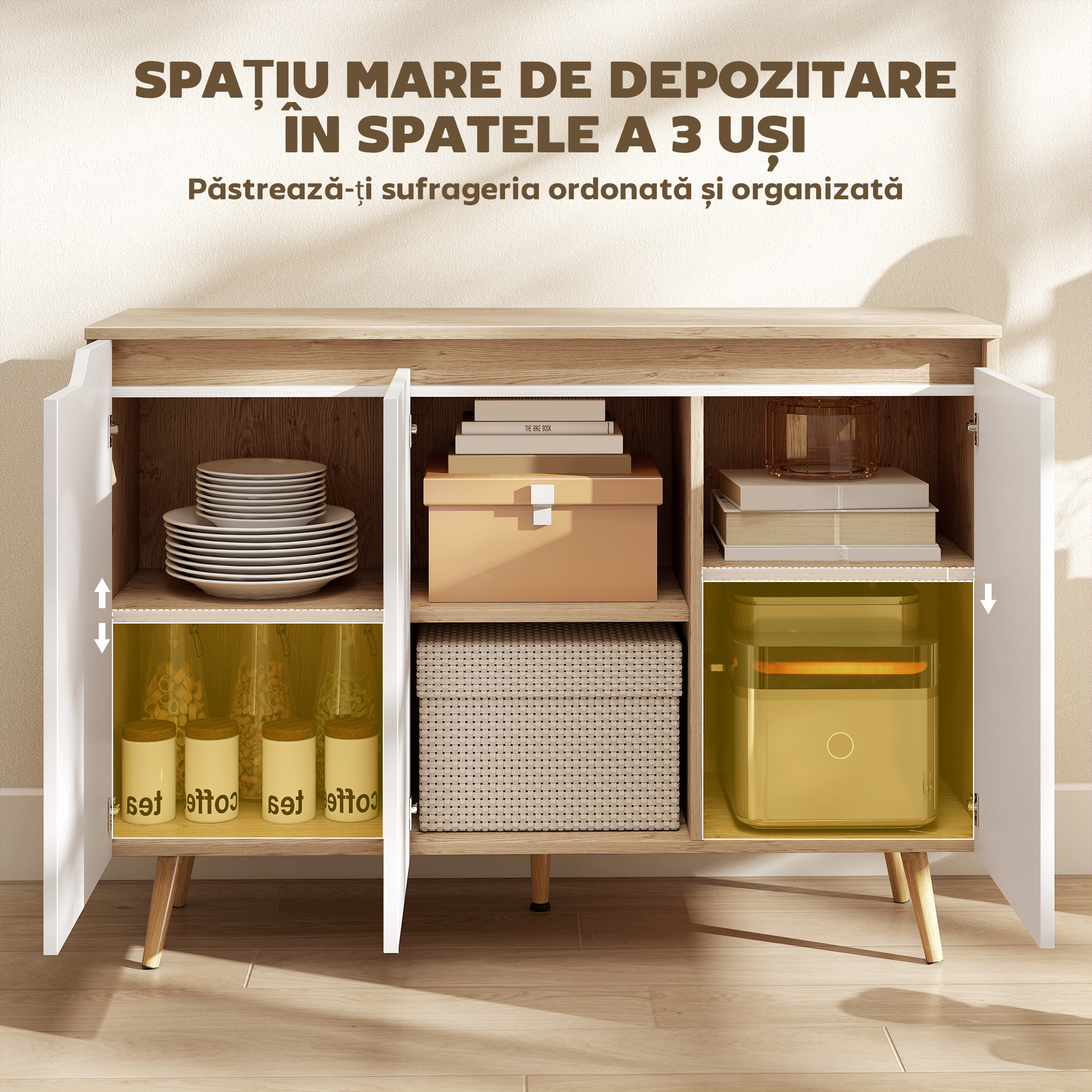  Bufet de Bucatarie, Mobilier de Bucatarie cu 3 Usi, Rafturi Reglabile si 5 Picioare din Lemn de Cauciuc, Stil Modern, Bufet pentru Living, Sufragerie, Alb si Stejar [4]