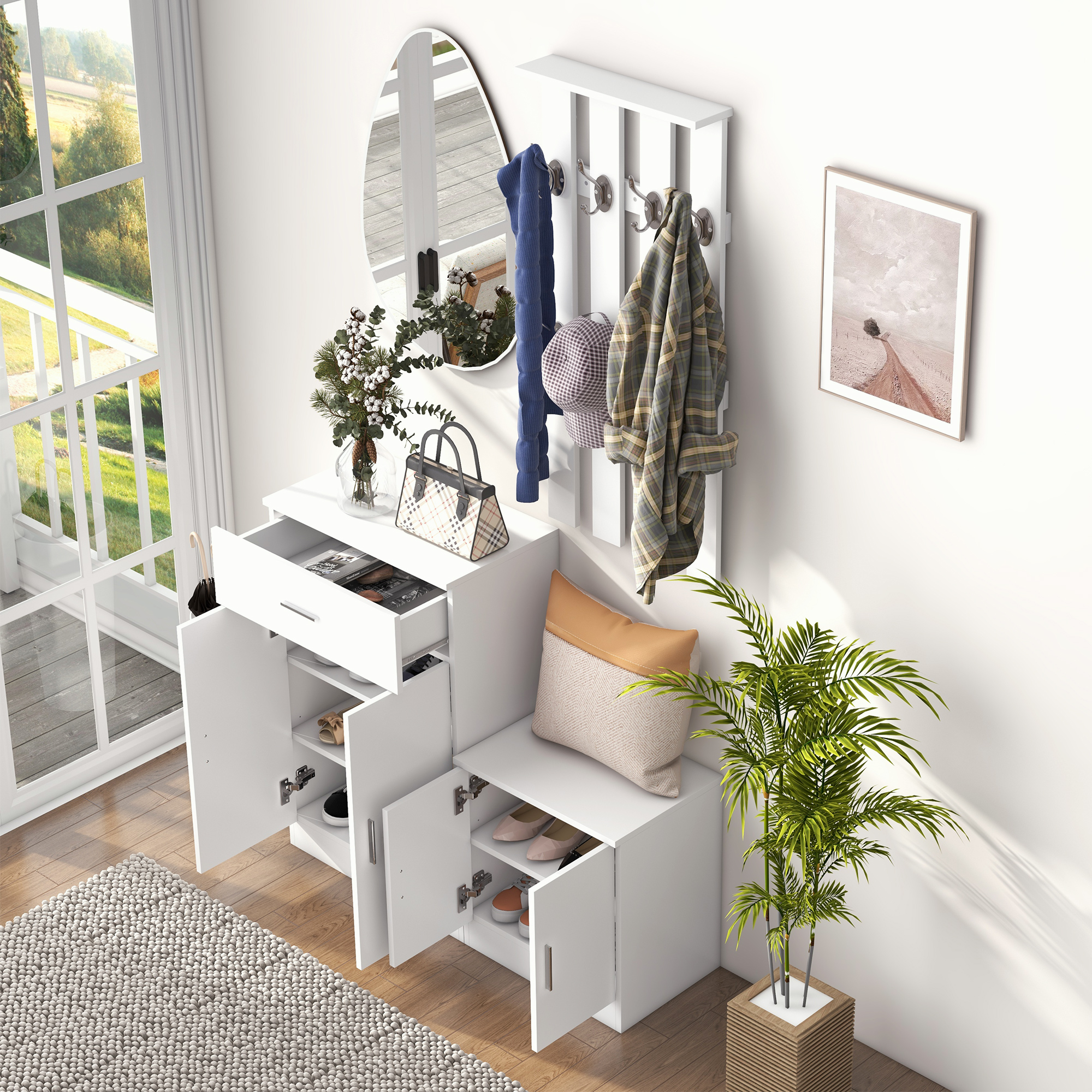  Cuier Hol Lemn Alb - 100×32×187 cm cu Dulap & Rafturi [7]