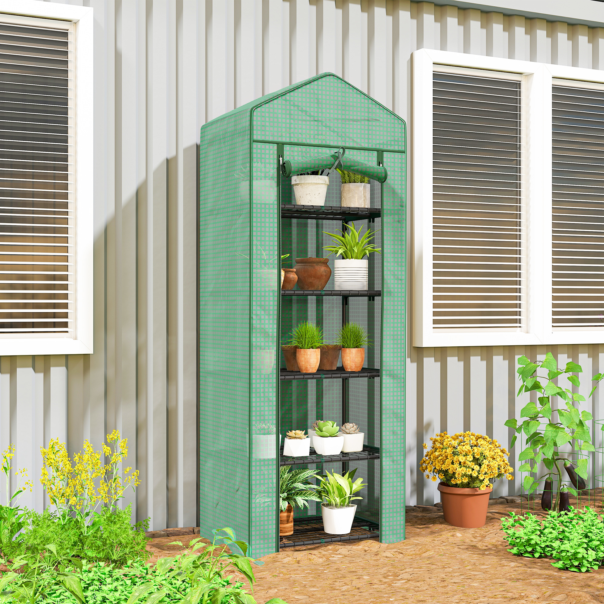  Sera pentru Plante cu 5 Niveluri, cu Usa cu Fermoar, din Otel si PE, 69x49x193 cm, Verde [1]