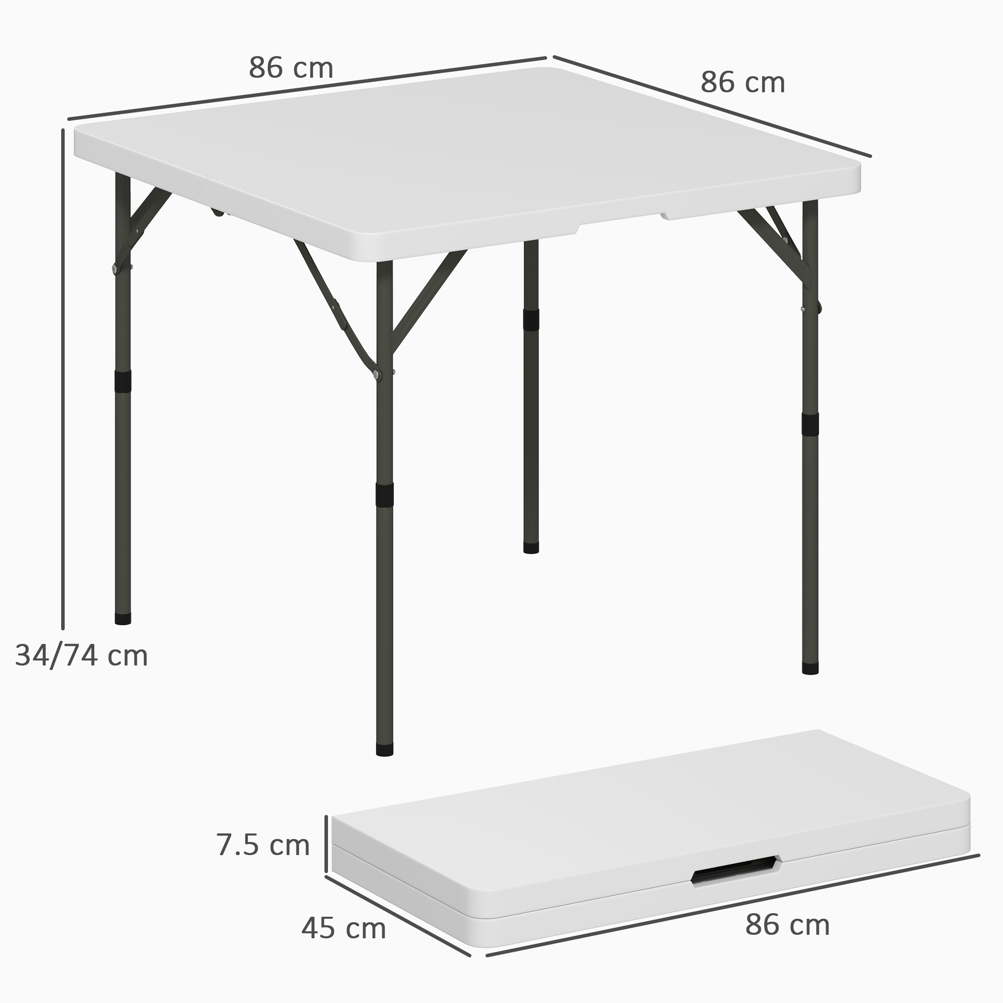  Masa de Camping Pliabila cu 2 inaltimi Reglabile, din HDPE si Metal, 86x86x74 cm, Alb [2]