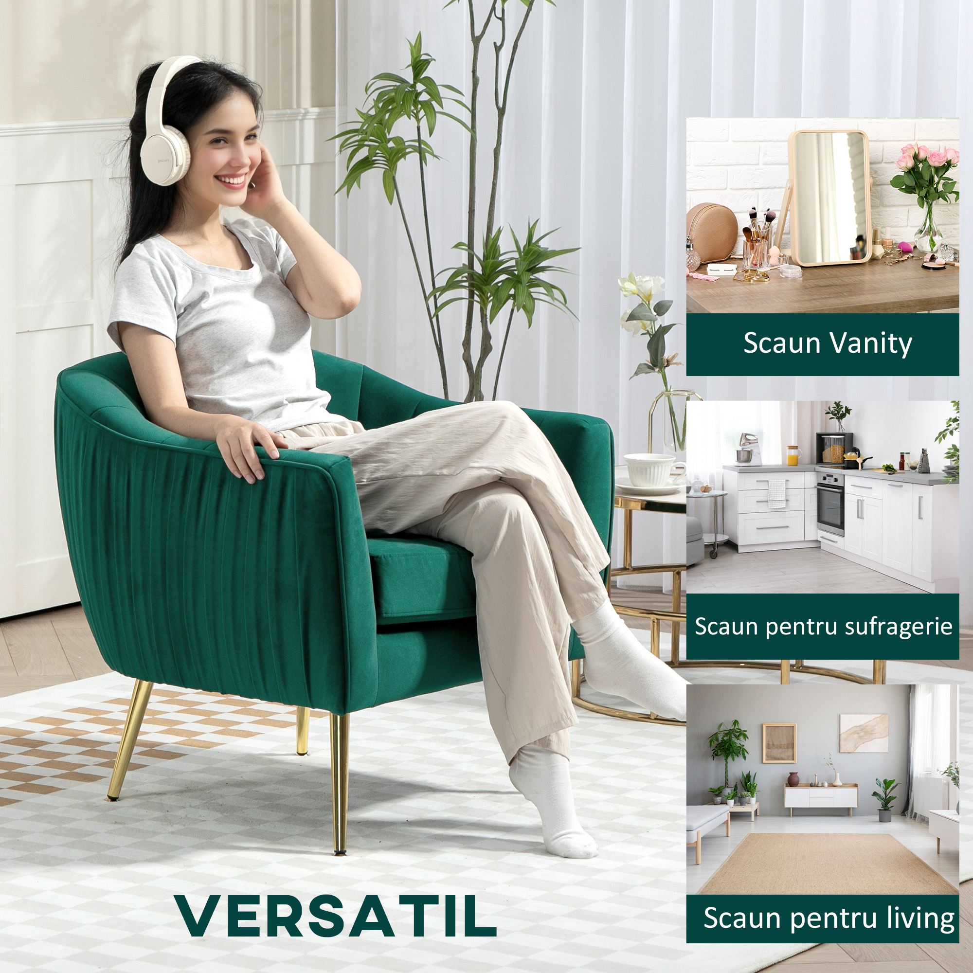  Fotoliu din catifea verde cu picioare metalice aurii, Scaun modern pentru living si dormitor [6]