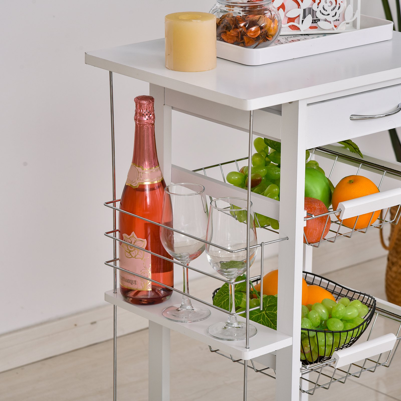  Carucior de Bucatarie cu Economisire de Spatiu din Lemn Alb cu 4 Roti 3 Cosuri Detasabile [6]