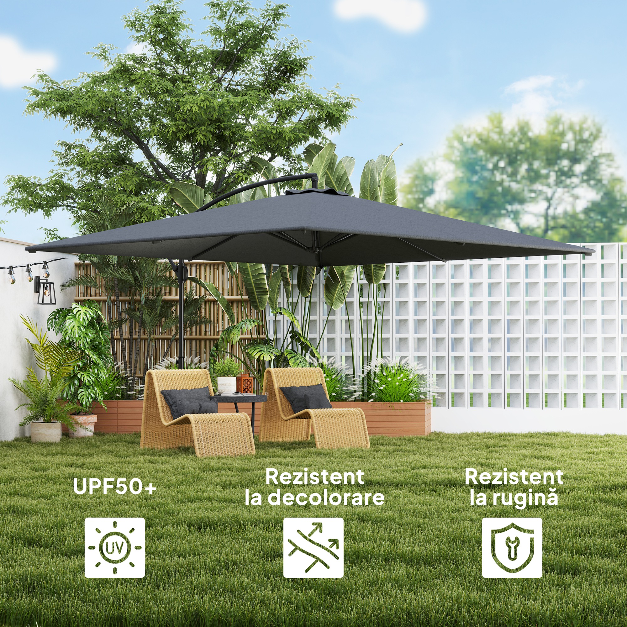  Umbrela de gradina cu brat 2.8x3.8 m, rotativa la 360° si inclinabila, cu deschidere manuala, gri [3]