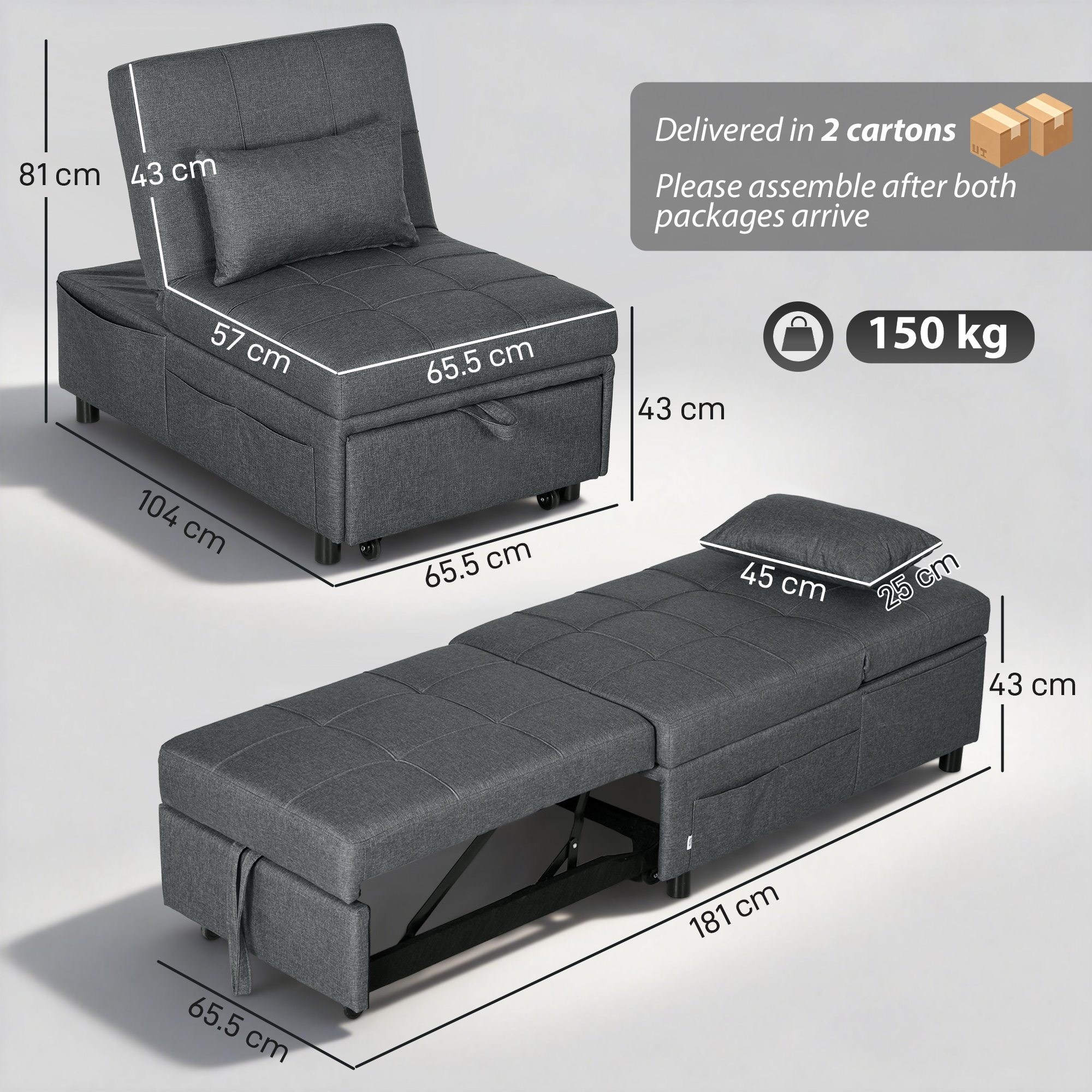  Fotoliu Pat de O Persoana Fotoliu Rabatabil 4-in-1, Gri [2]