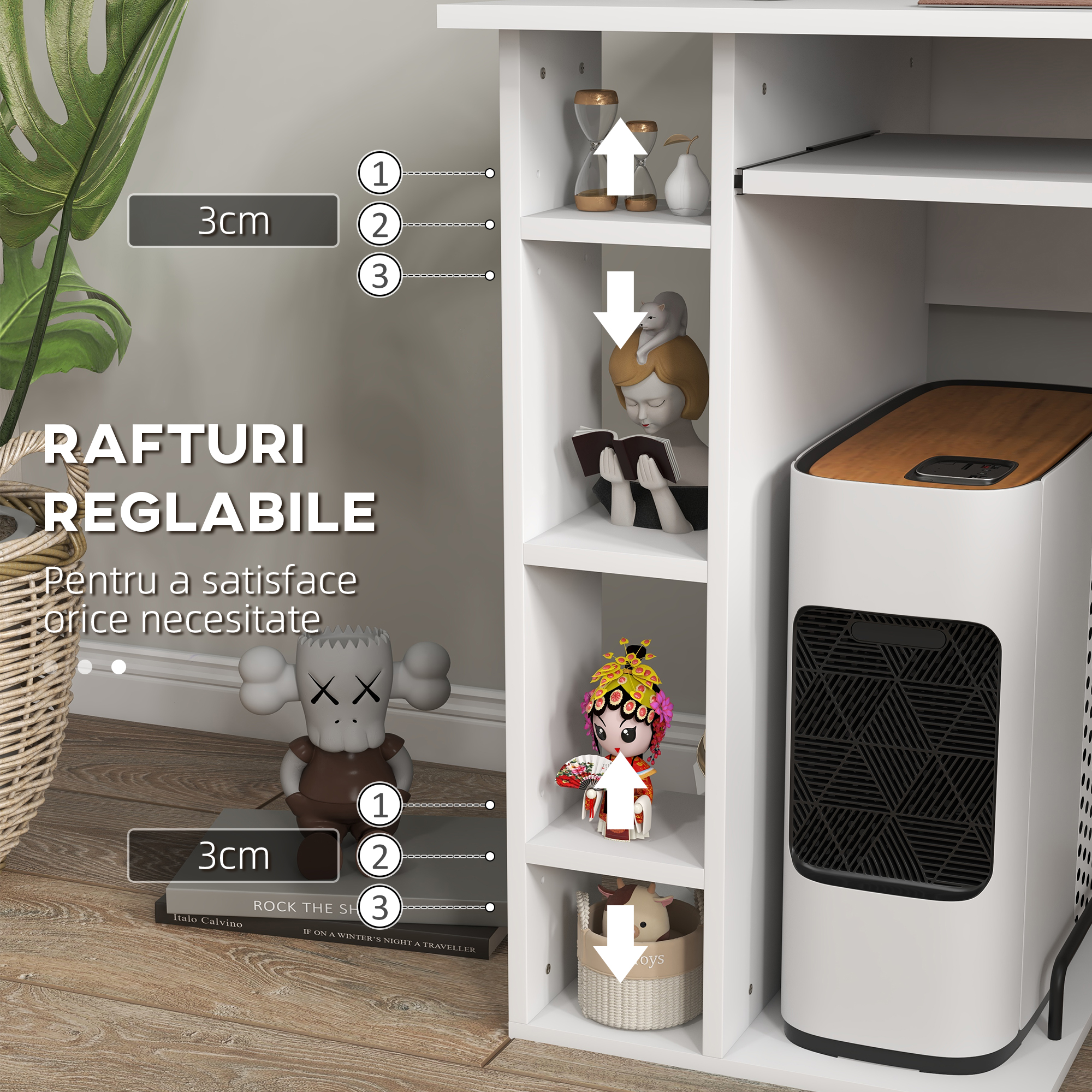  Birou PC Ergonomic - Alb, Cu Rafturi & Blat Tastatura [4]