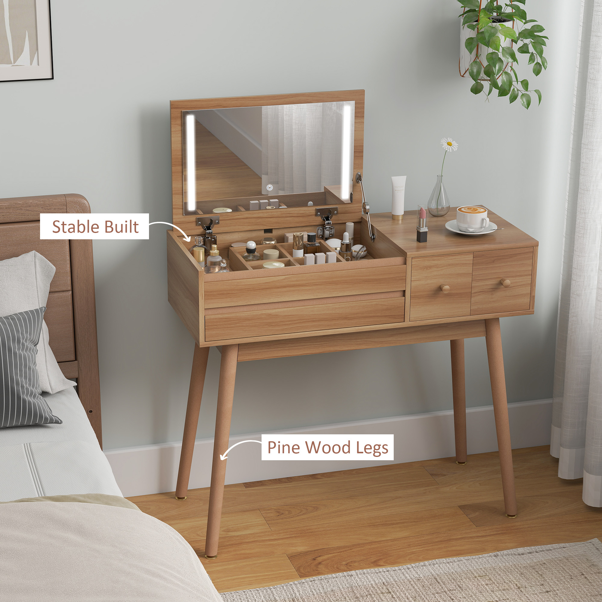  Masa de Toaleta cu Oglinda si Lumini LED, Spatiu de Depozitare din Lemn, 100x40x87 cm [6]