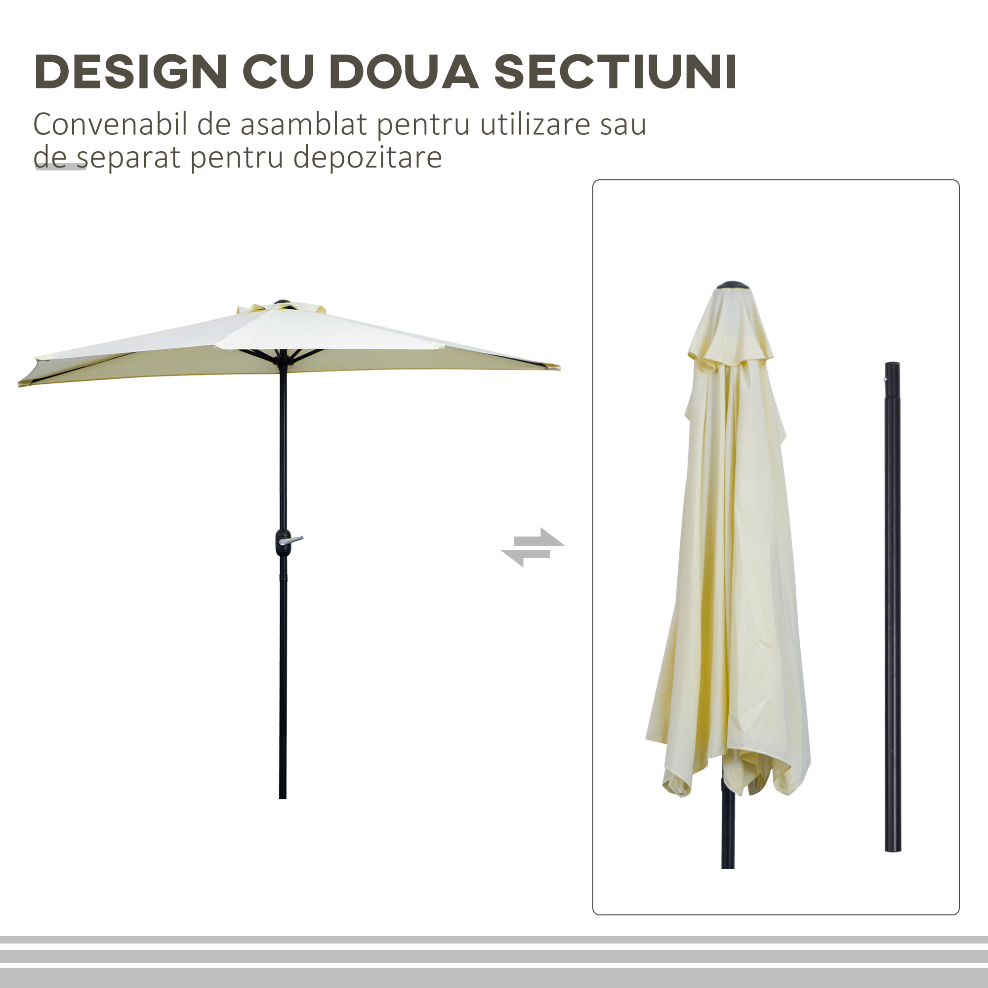  Umbrela de terasa in forma de semiluna cu deschidere manuala si stalp in 2 sectiuni, 2.6 x 1.35 m, bej [5]
