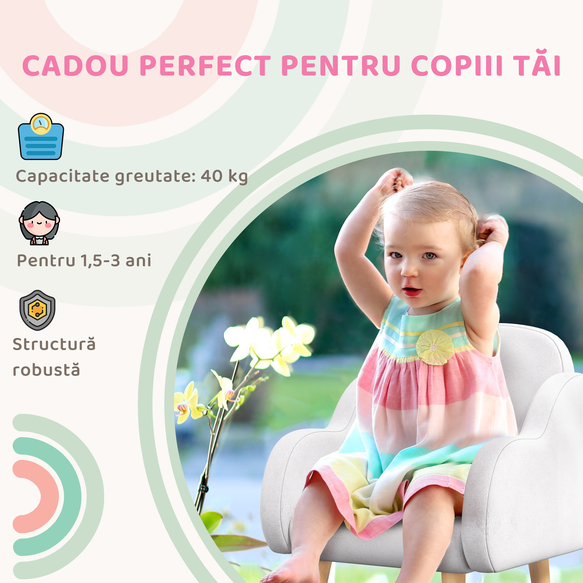  Fotoliu pentru Copii Stil Scandinav cu Brate in Forma de Nor din Material Textil, Alb, 46x51x55 cm [6]