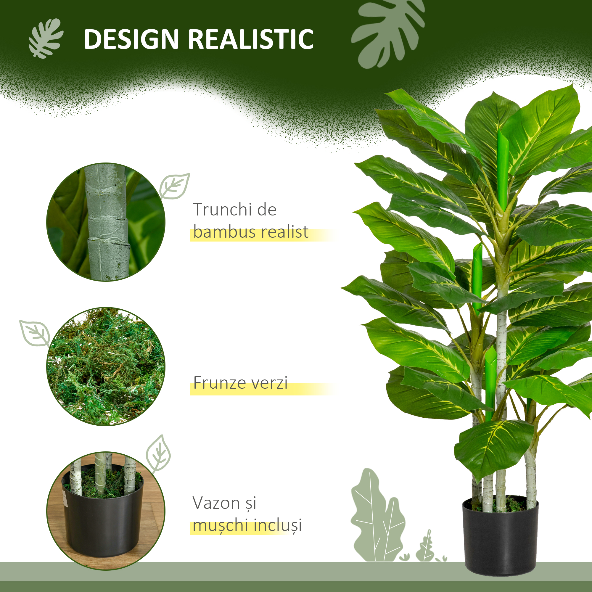  Planta Artificiala cu 33 de Frunze pentru Uz Interior si Exterior cu Ghiveci, Planta Falsa in PEVA, PE si Ciment, 95 cm, Verde [4]