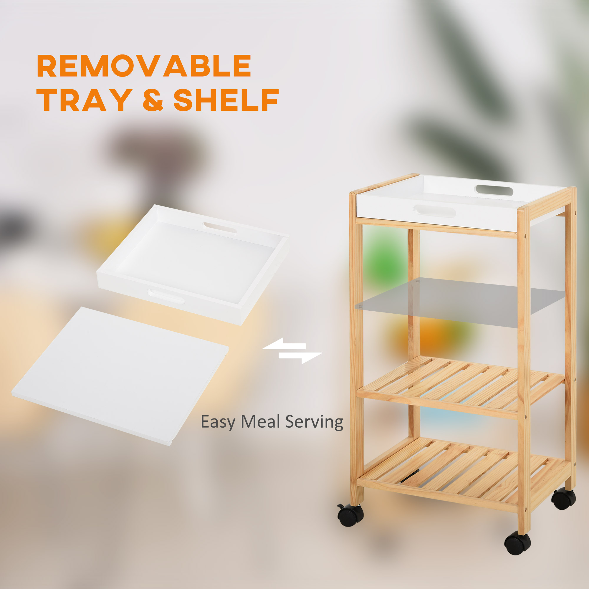  Carucior de bucatarie cu 4 nivele din MDF si lemn de pin cu 4 roti pivotante, 40x30x76 cm, alb si maro [3]