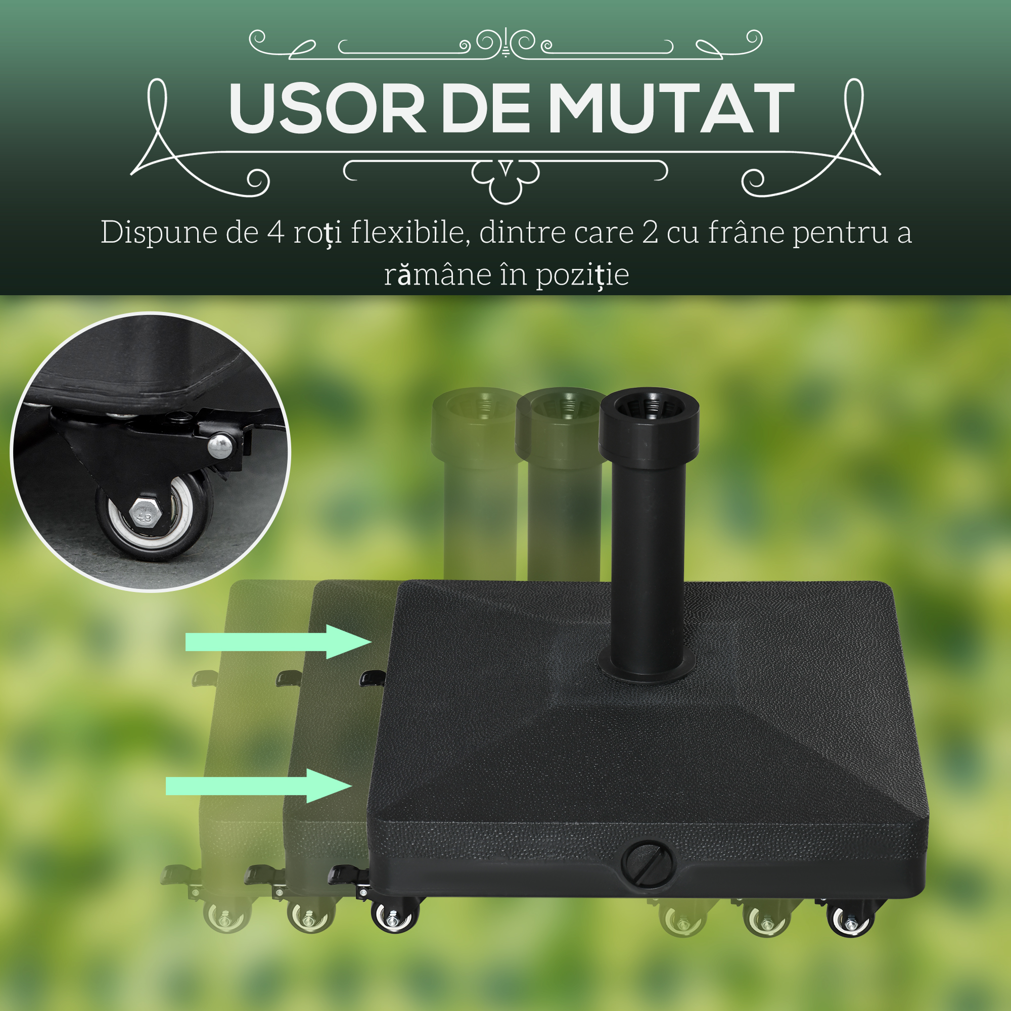  Baza pentru Umbrela de Soare cu Roti Se poate Umple pana la 20kg, Postament din HDPE pentru Stalpi de Ø38-48mm, 45x45x39cm, Negru [6]