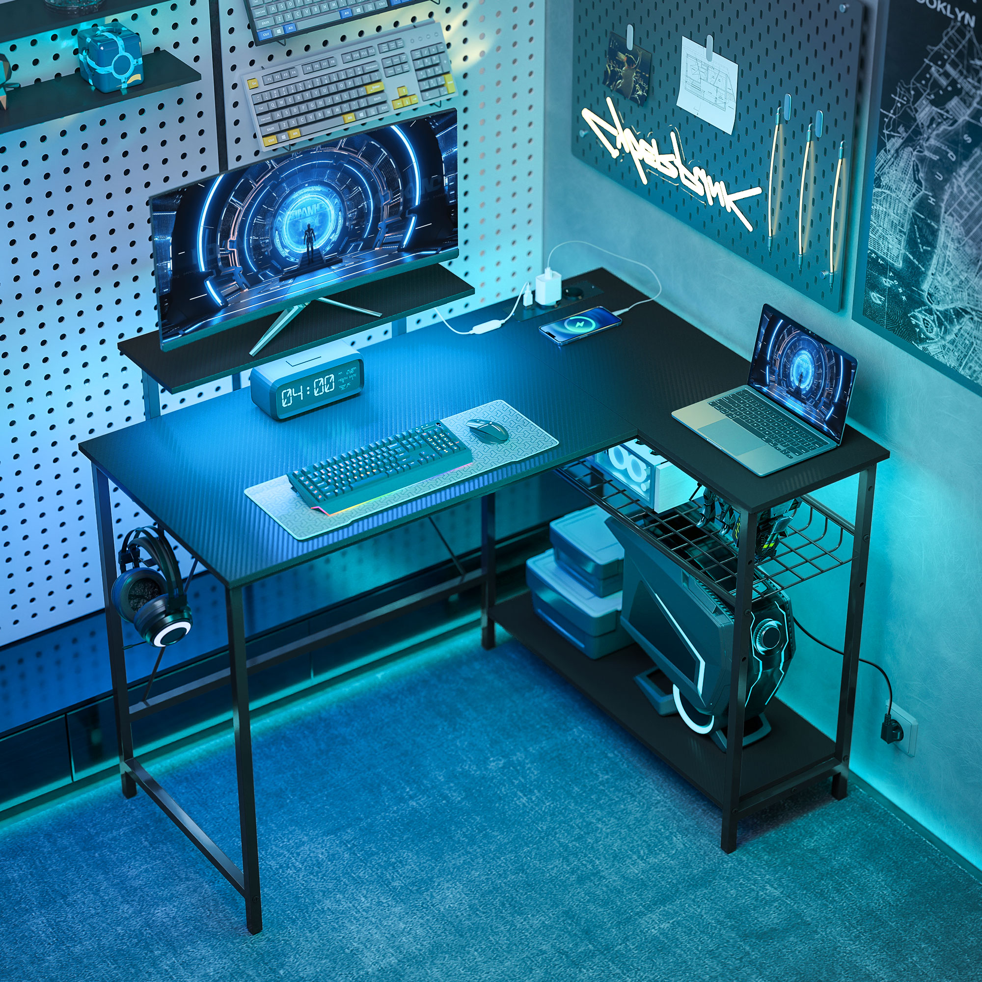  Birou Gaming Coltar cu LED, Prize Electrice, Suport pentru Monitor si Raft, Negru [1]