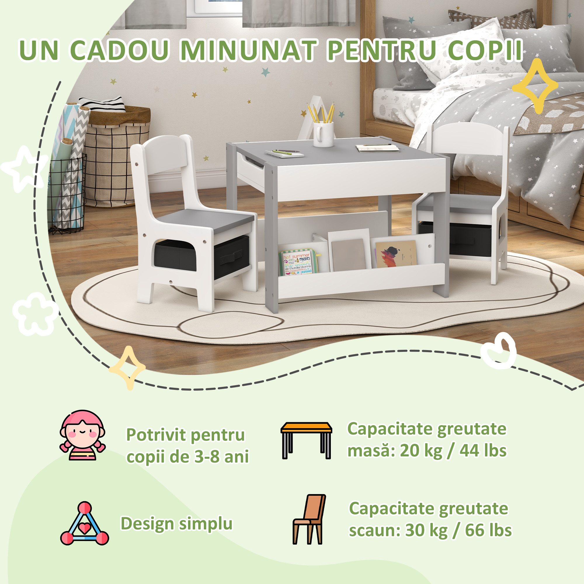  Set Masa pentru Copii si 2 Scaune, Blat 3 in 1 cu Tabla de Scris si Spatii de Depozitare, Gri [4]
