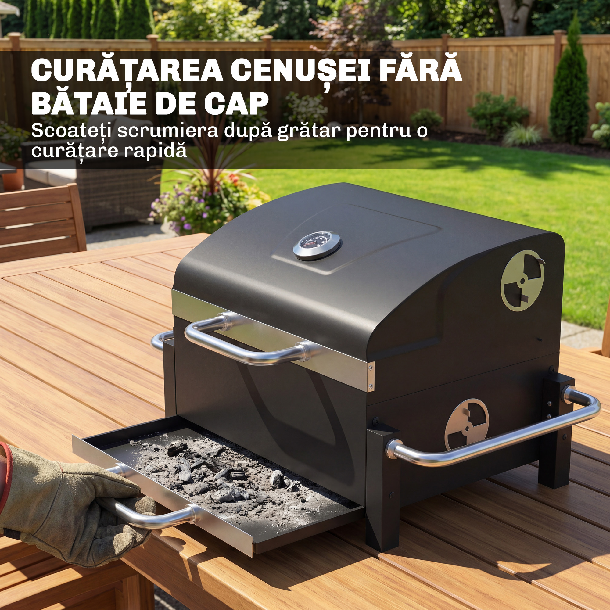 Gratar Pe Carbuni cu Orificii de Ventilatie, Sertar pentru Cenusa, Gratar Portabil cu Termometru, Gratare, Capac, Maner din Otel Inoxidabil, BBQ pe Carbuni pentru Gradina Camping, Negru [7]