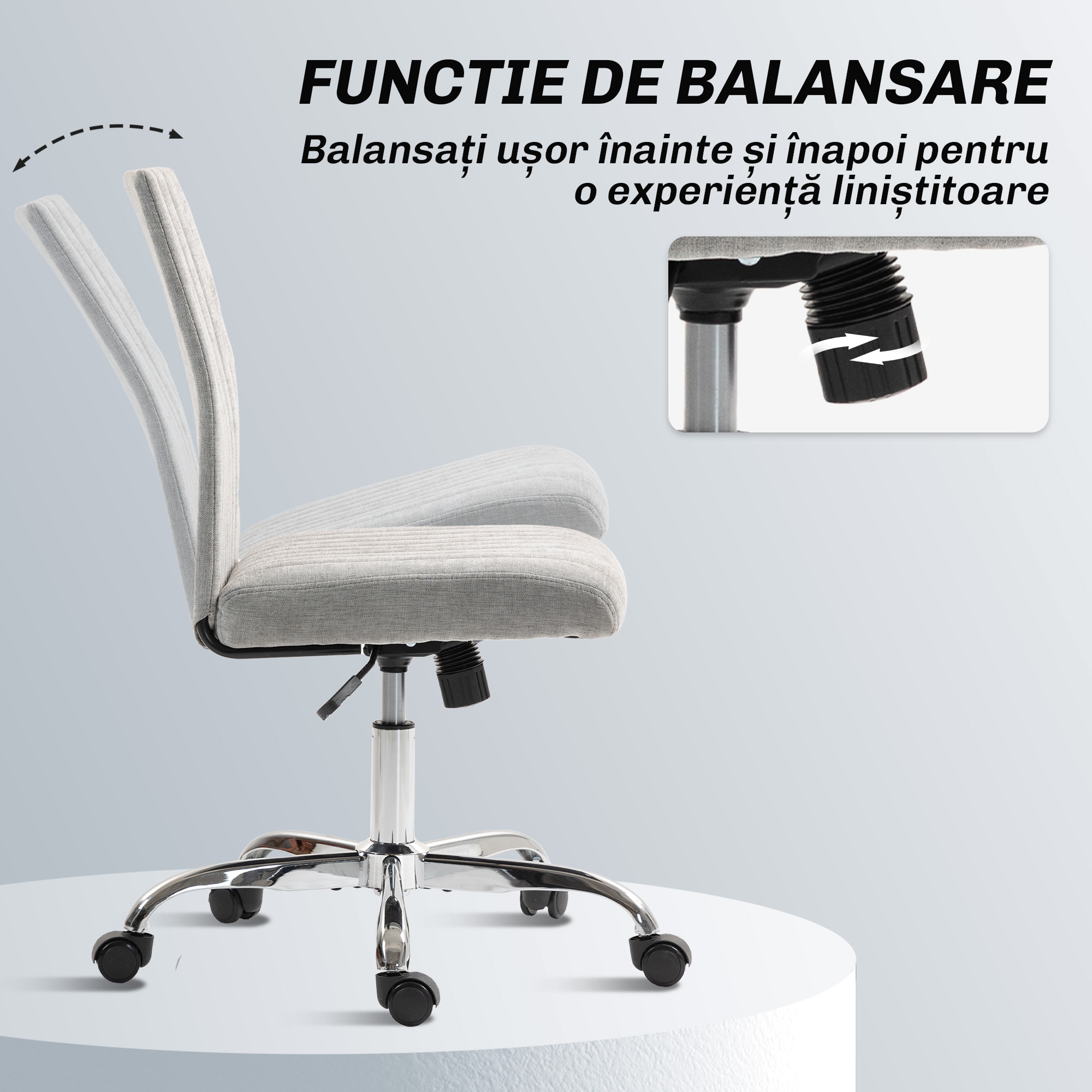  Scaun de Birou fara Brate, cu inaltime Reglabila si sezut Rotativ, Tapiterie din Material Textil, Gri [4]