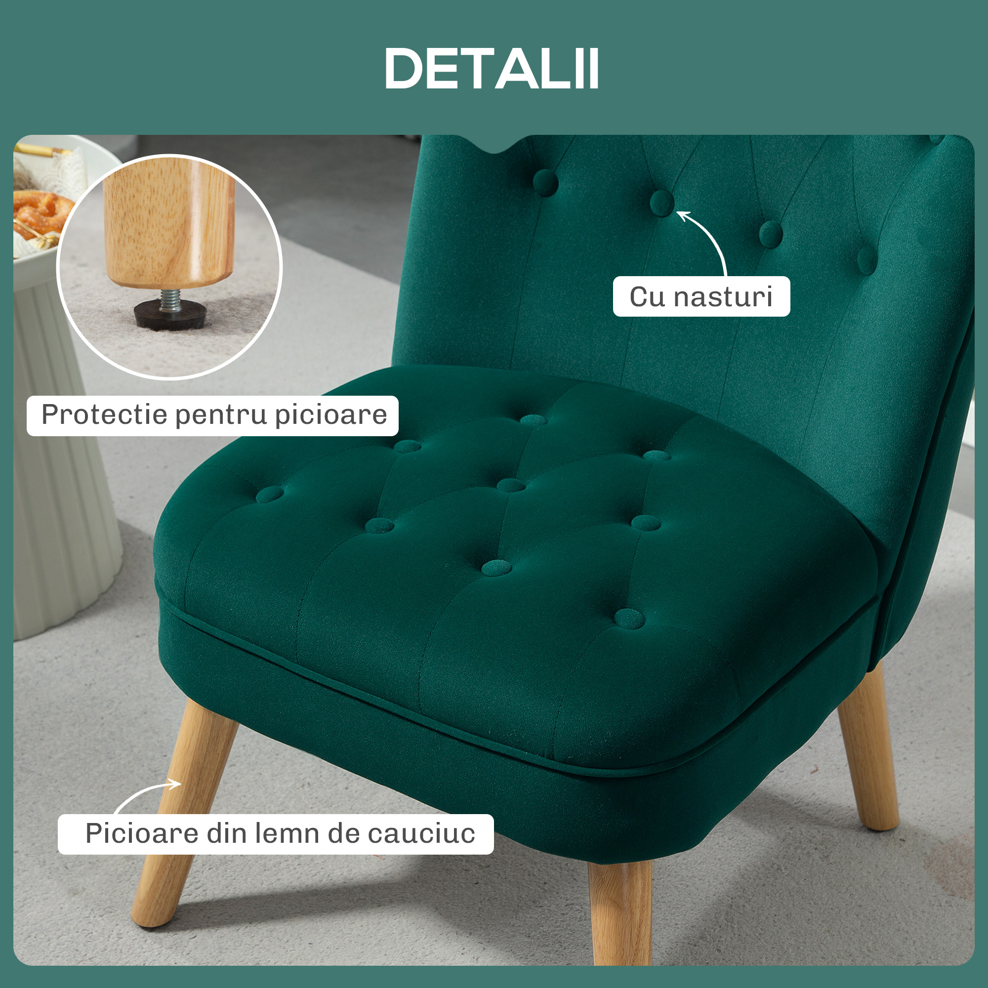  Fotoliu pentru Living din Catifea cu sezut Tapitat si Matlasat cu Nasturi, 60x66x79 cm, Verde [4]
