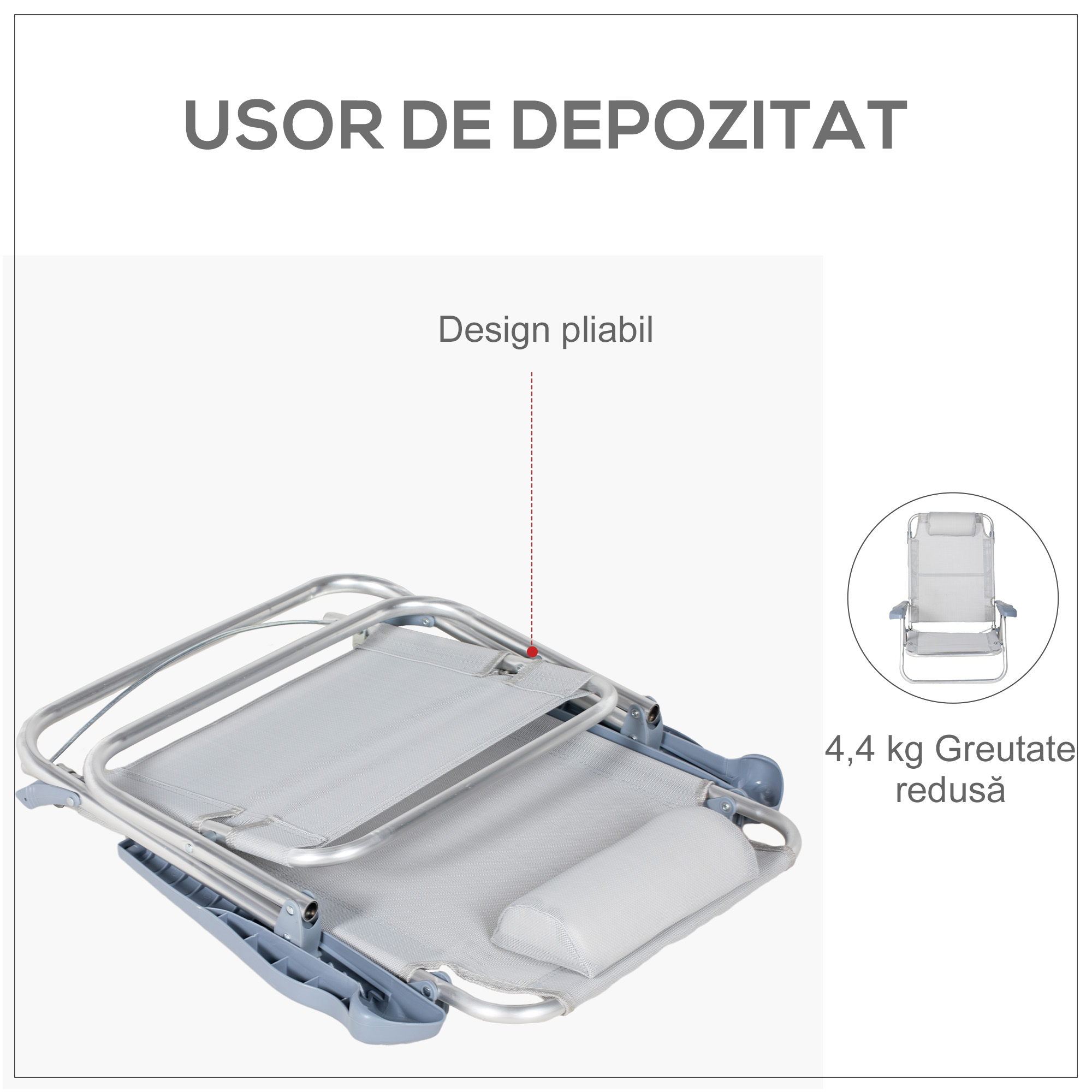  Set 2 Scaune de Camping Pliabile cu Tetiera Captusita si Spatar Reglabil in 6 Pozitii, 62x65x80 cm, Gri Deschis [6]