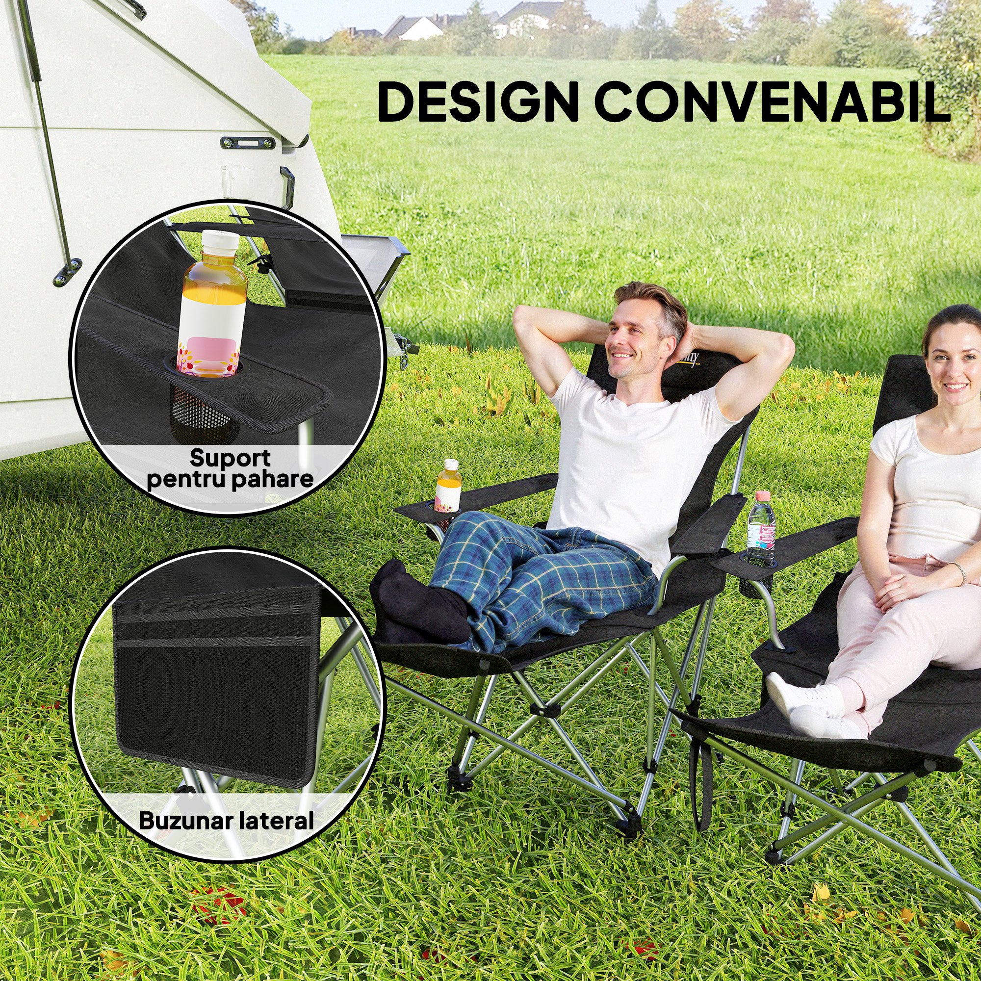  Set 2 Scaune de Camping Pliabile cu Suport pentru Picioare Detasabil si Suport pentru pahare, 82x50/100x88 cm, Negru [4]