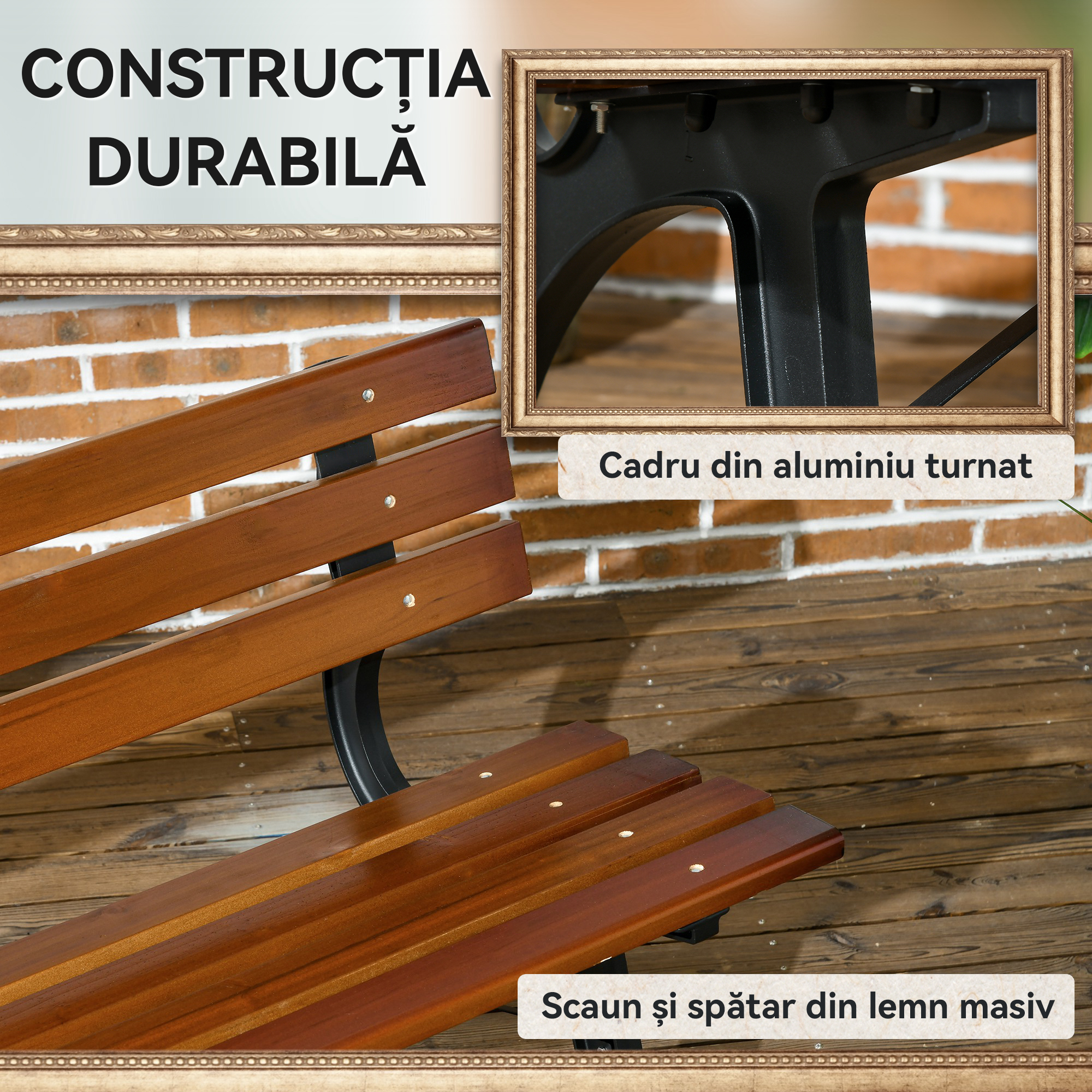  Banca cu 2 locuri, pentru gradina si terasa, fonta de aluminiu + lemn natural, 120 x 57 x 70 cm, Maro [4]