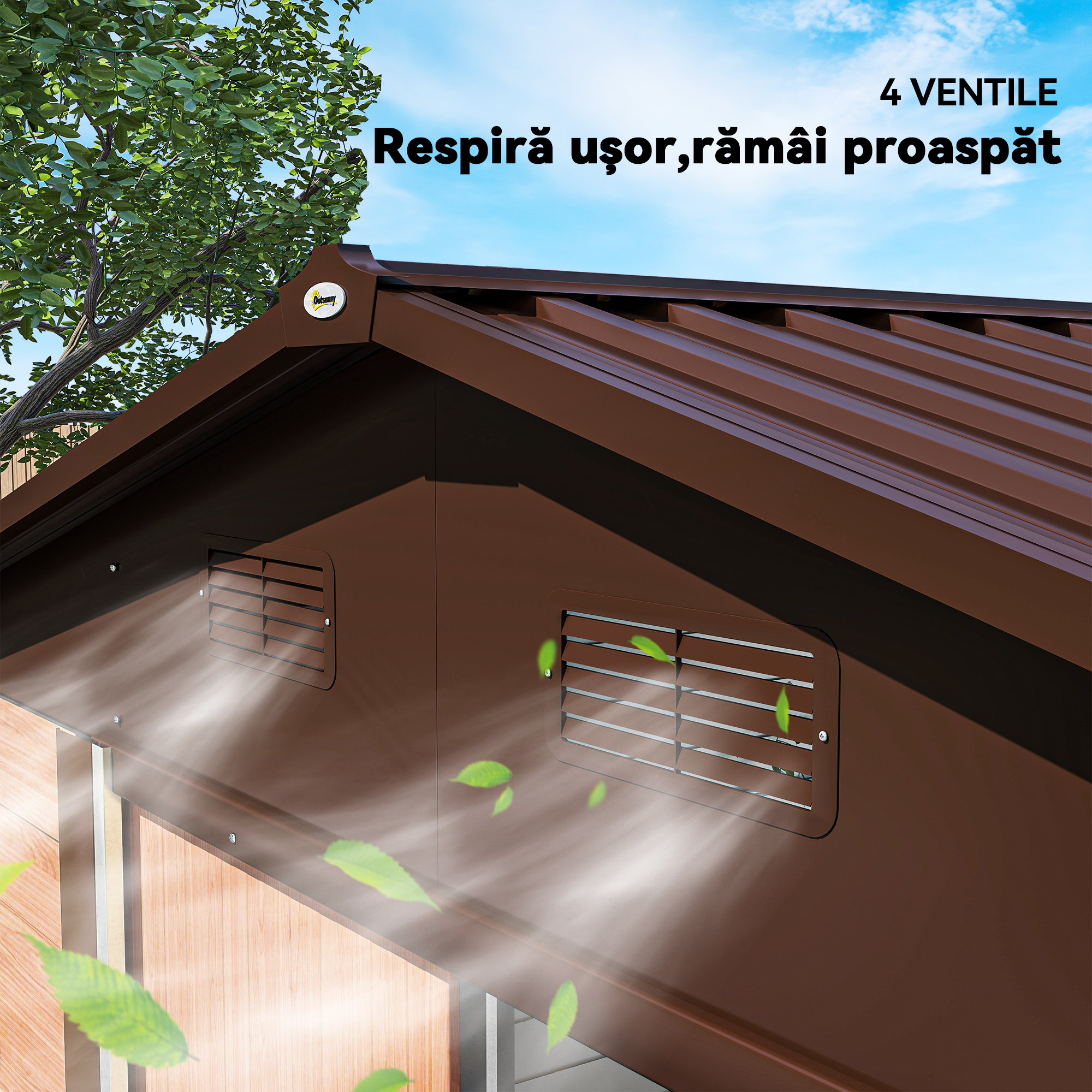  Casuta de Gradina din Otel cu Efect de Lemn si Usi Duble Glisante, 278x195x215 cm, Maro [7]